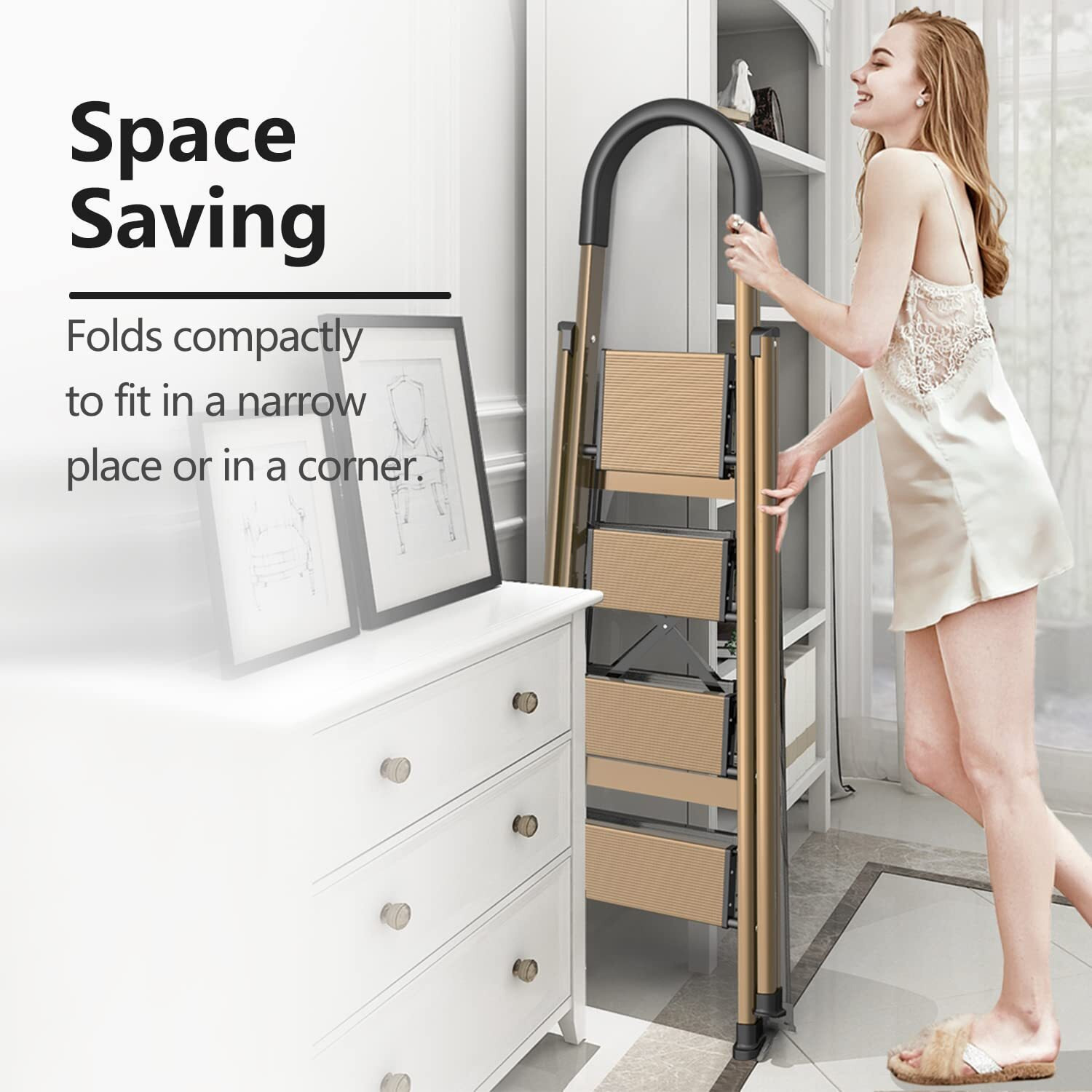 Gamegem Lightweight Aluminum 4 Step Ladder Folding Step Stool Stepladders With Anti-Slip And Wide Pedal For Home And Kitchen Use Space Saving (Brown Gold)