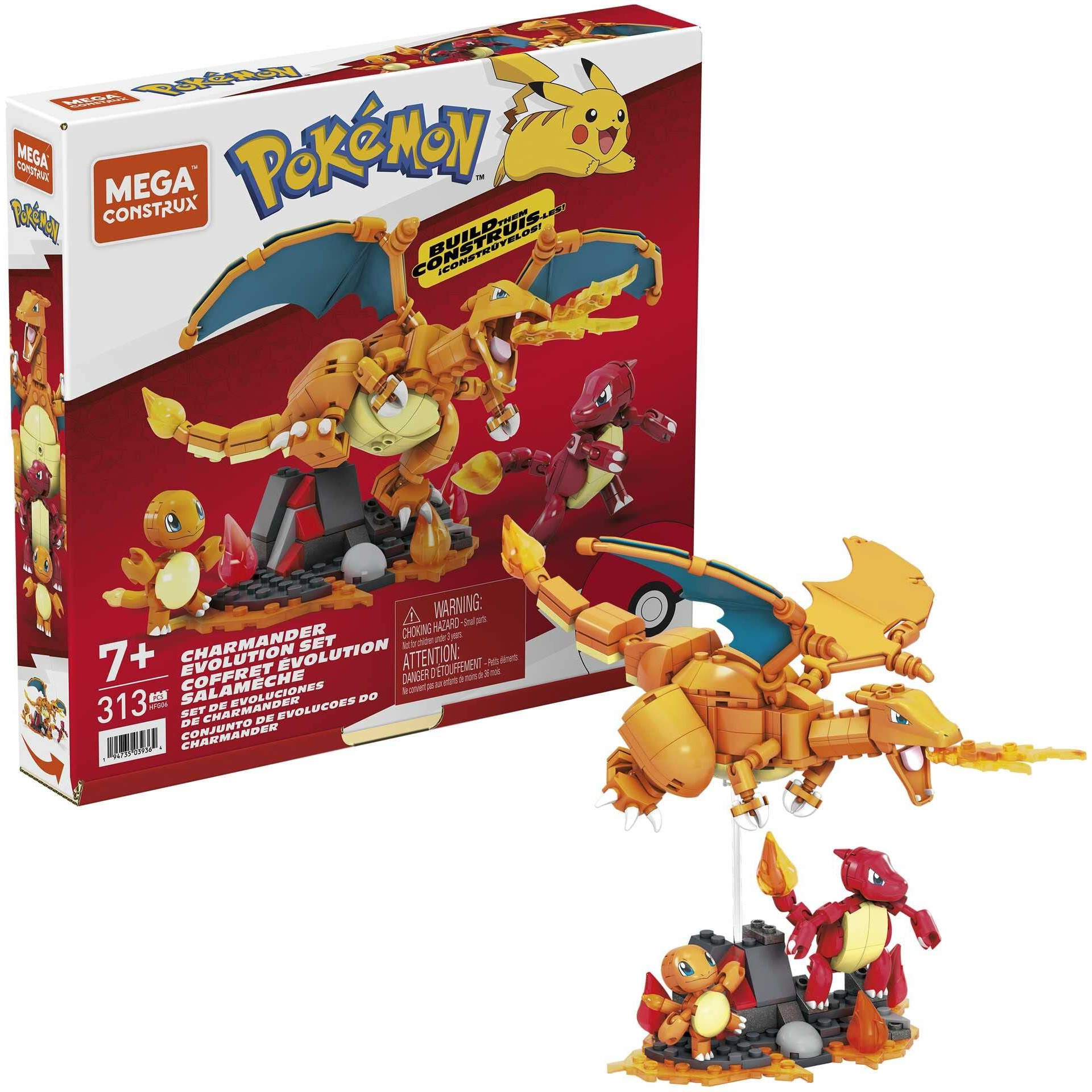 Mega Pok  Mon Action Figure Building Toys For Kids, Charmander Evolution Set With 300 Pieces, 3 Poseable Characters, Charmeleon And Charizard