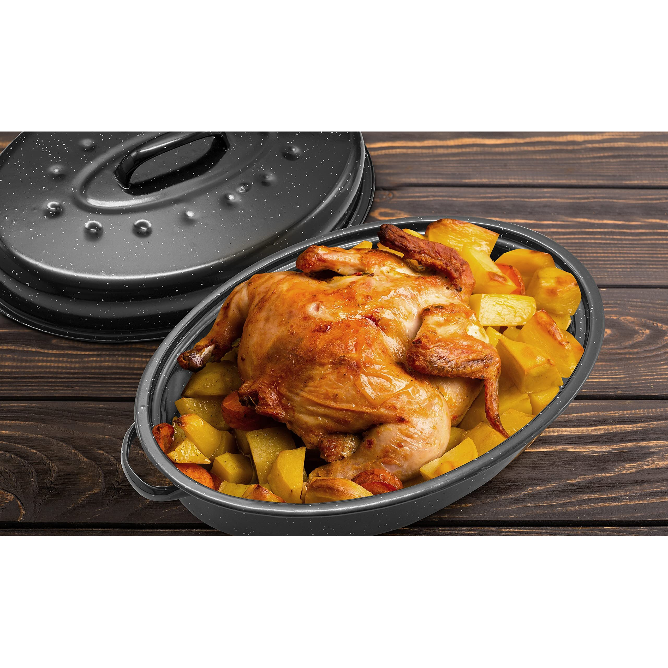 Eternal Living Granite Roasting Pans, Black (15"" Oval Roaster Pan With Lid)