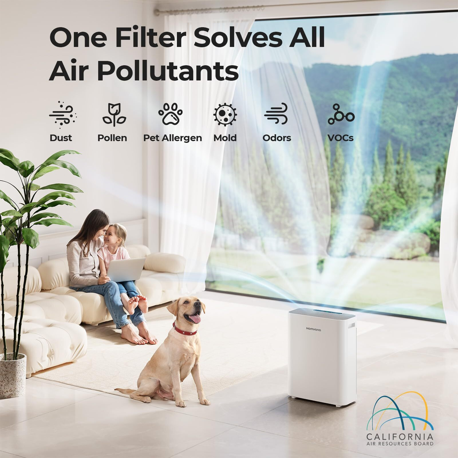 Homvana Air Purifier For Home Larger Room Bedroom, H13 True Hepa Air Filter Purifiers Cleaner, With Auto Mode, Quality Indicator, Silentair Tech, Ozone Free For Pets Allergies Smokers Dust Pollen Etc