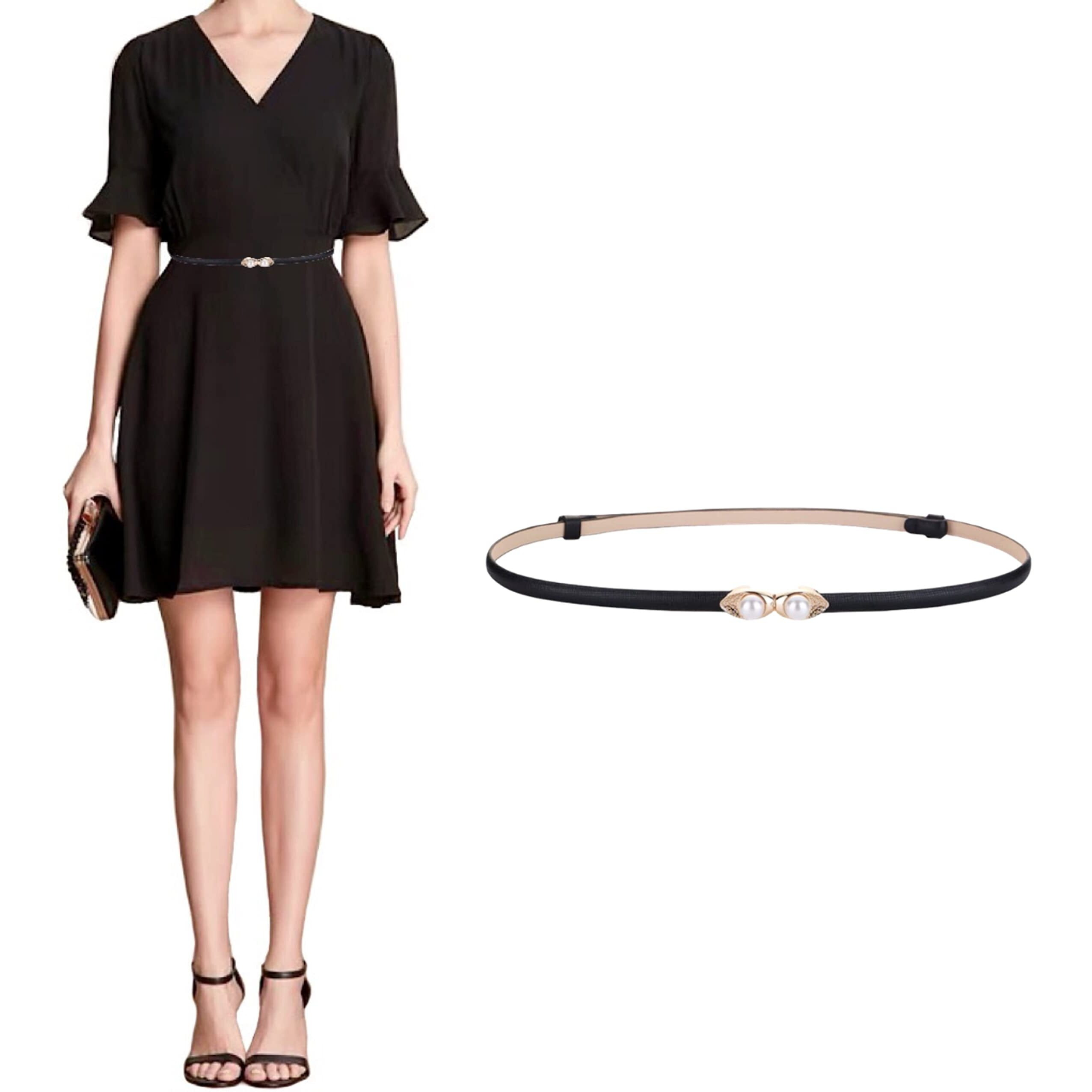 Women's Belt Skinny Soft Genuine Leather Belts Slim Dress Fashion Waist Belt Gold Solid Pearl Shaped Buckle Waistband, Black