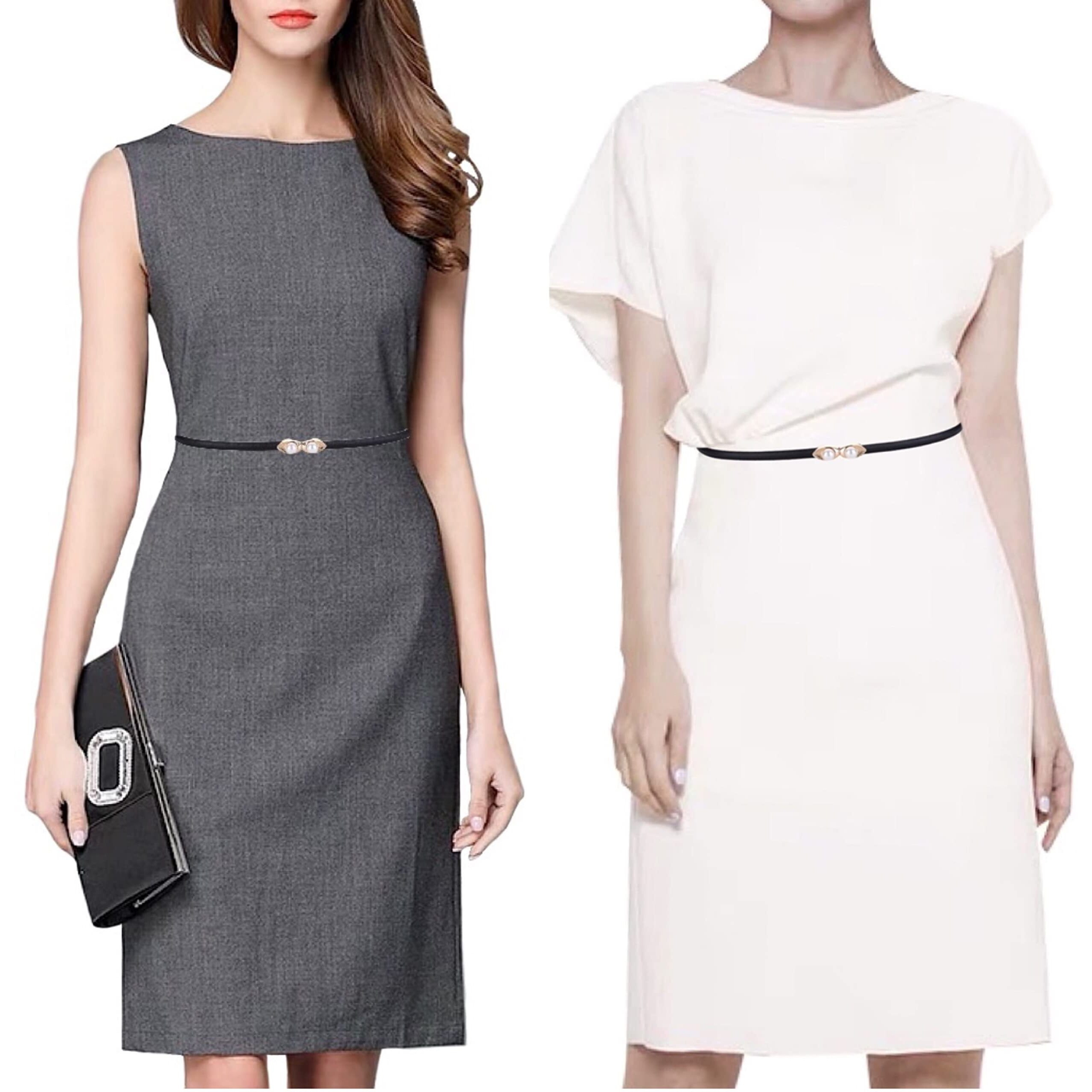 Women's Belt Skinny Soft Genuine Leather Belts Slim Dress Fashion Waist Belt Gold Solid Pearl Shaped Buckle Waistband, Black