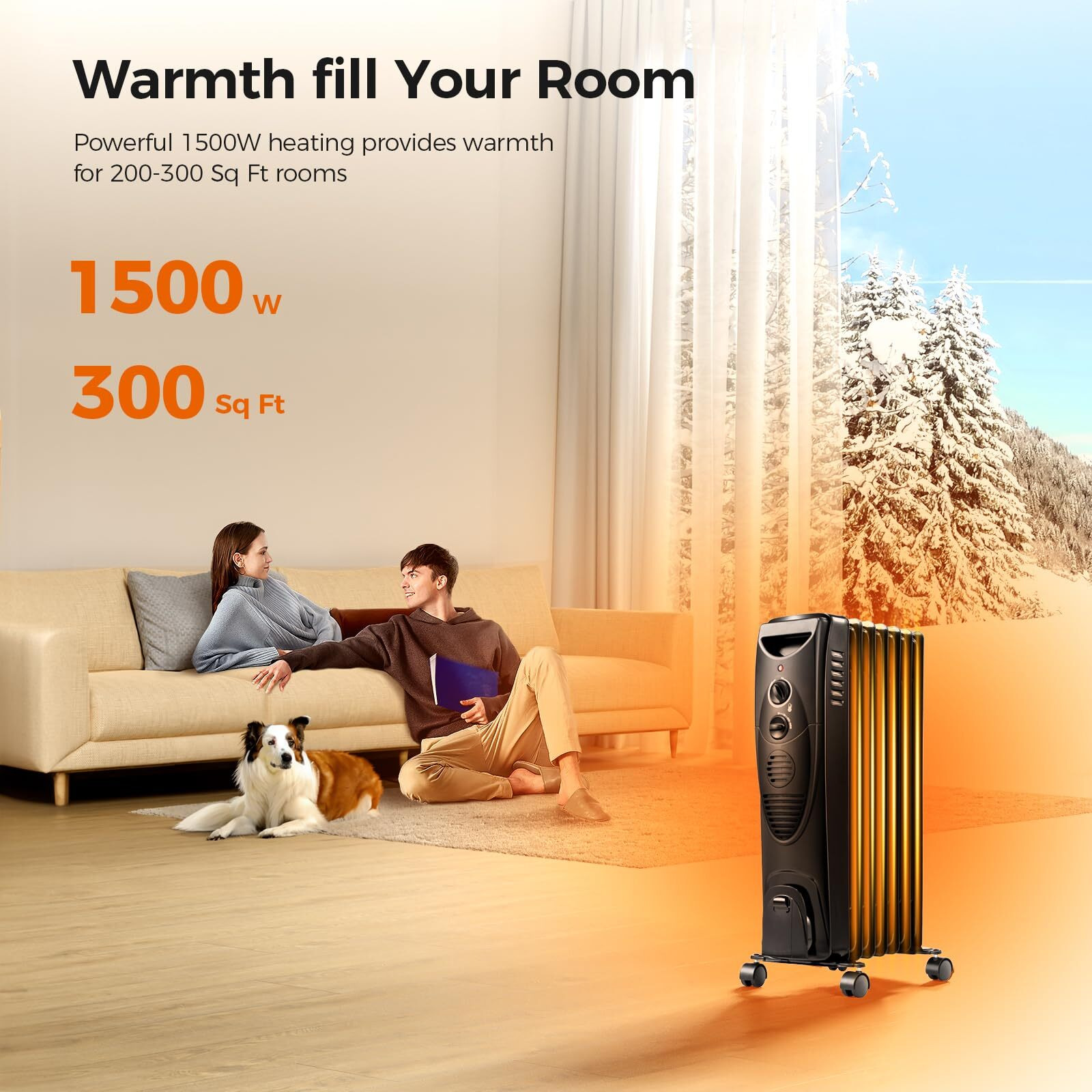 Kismile Portable Electric Radiator Heater, Oil Filled With 3 Heat Settings, Adjustable Thermostat, Overheat & Tip-Over Protection For Indoor Use, 1500W (Black)