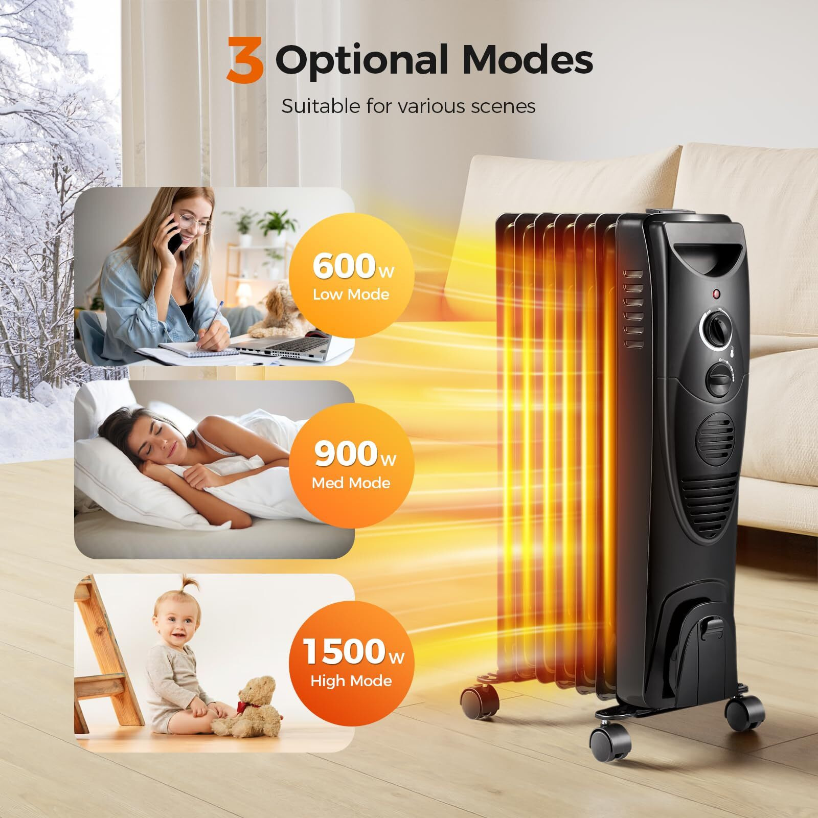 Kismile Portable Electric Radiator Heater, Oil Filled With 3 Heat Settings, Adjustable Thermostat, Overheat & Tip-Over Protection For Indoor Use, 1500W (Black)