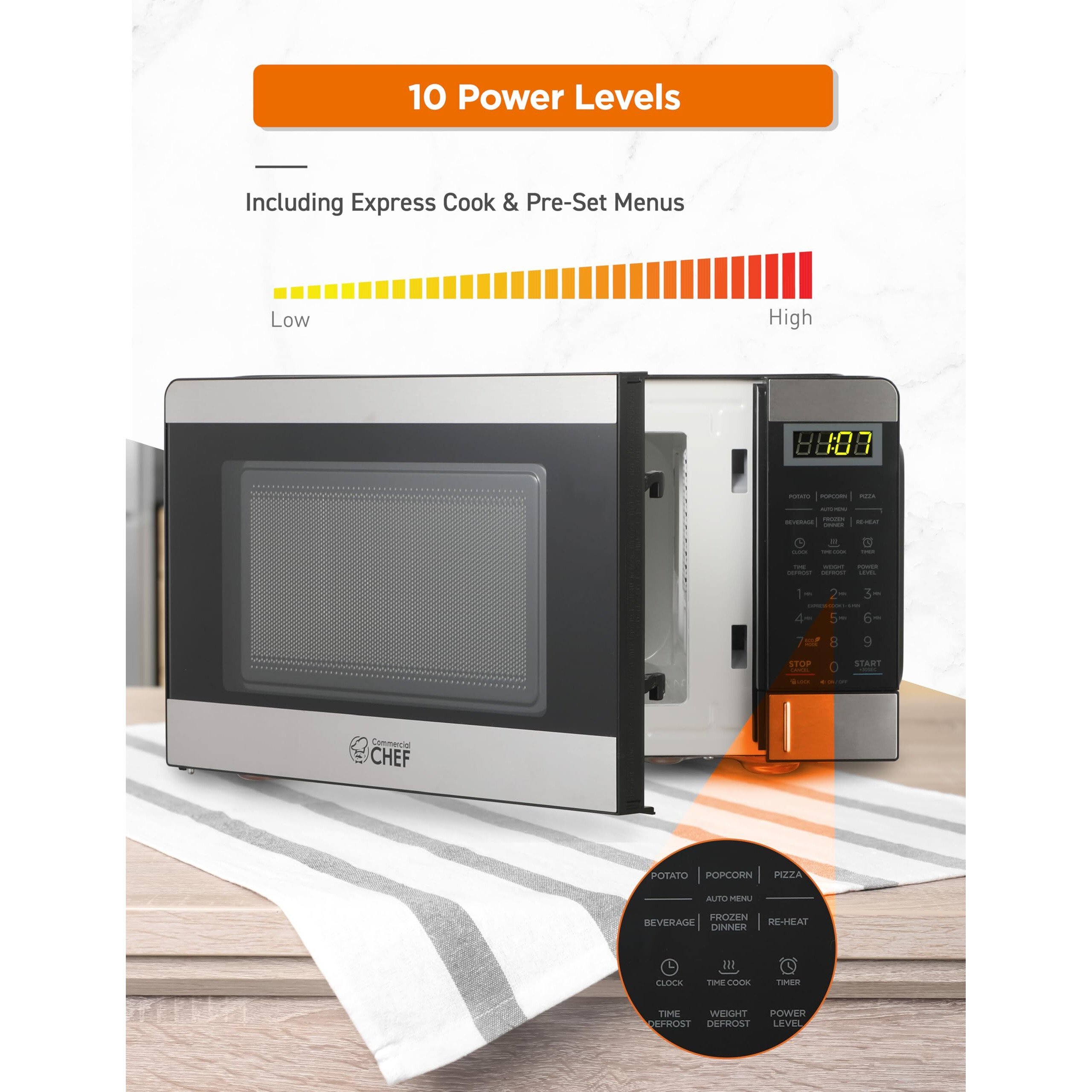 Commercial Chef 0.7 Cubic Foot Microwave With 10 Power Levels, Small Microwave With Push Button, 700W Countertop Microwave Up To 99 Minute Timer And Digital Display, Stainless Steel