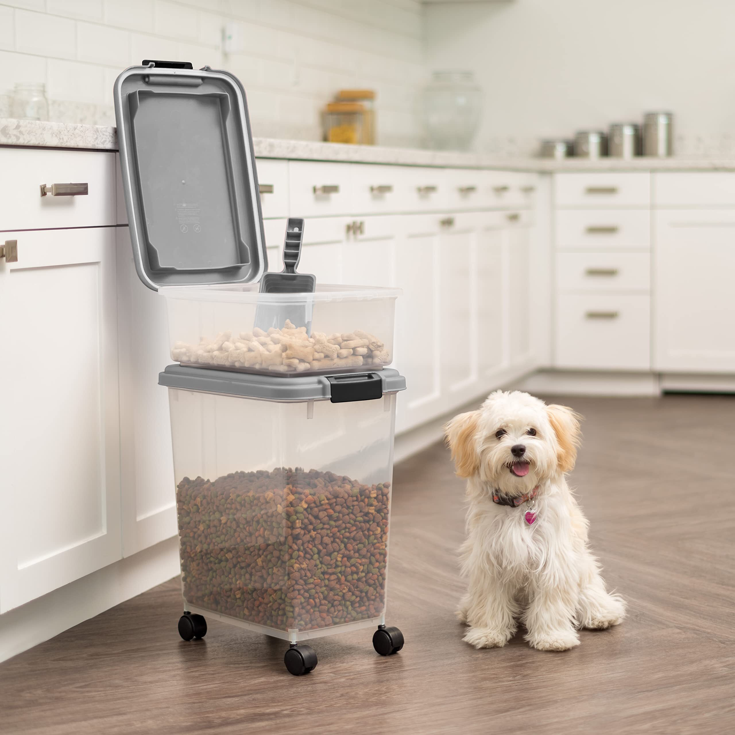 Iris Usa Dog Food Storage Container, 30 Lbs & 11 Lbs Combo, Cat Food Storage Container, Dog Treat Container, Airtight, Stackable, 2-Cup Scoop, Wheels, Easy Mobility, Chrome