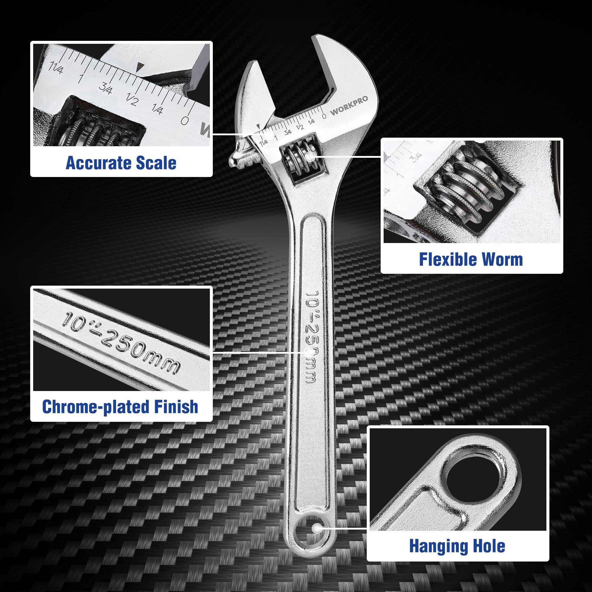 Workpro 4-Piece Adjustable Wrench Set, Forged, Heat Treated, Chrome-Plated (6-Inch, 8-Inch, 10-Inch, 12-Inch)