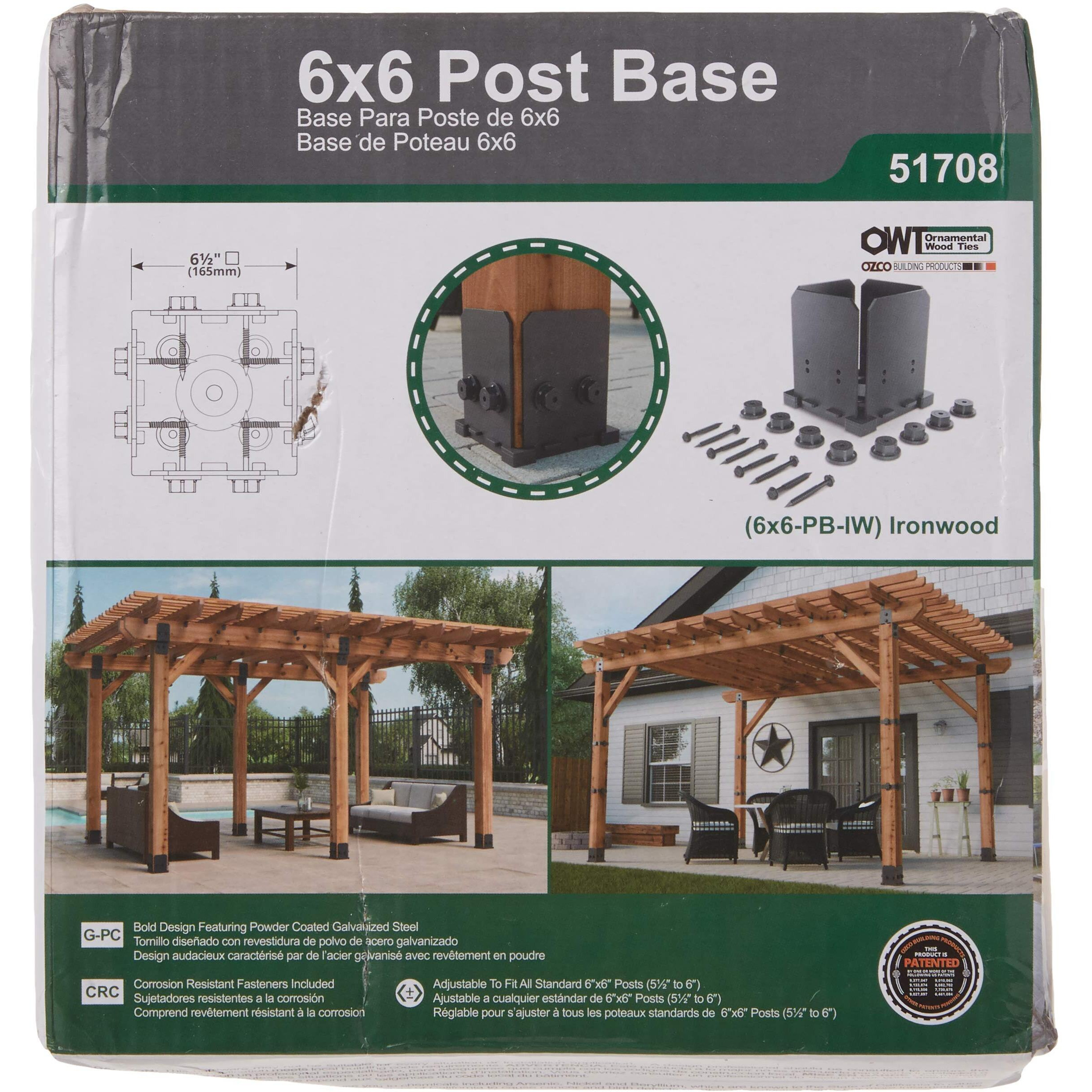 Ozco 51708 Ironwood 6X6 Post Base, Black Galvanized Steel (1 Per Pack)