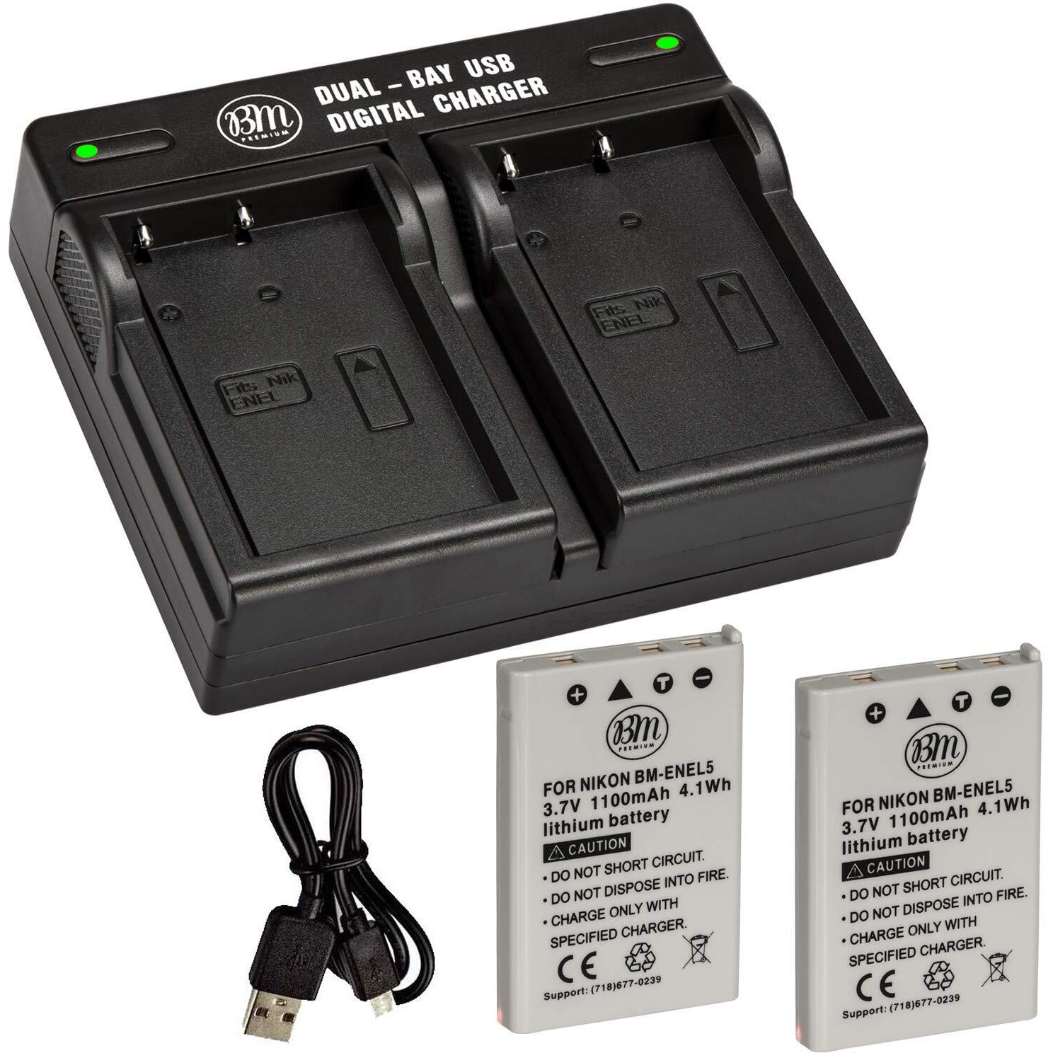 Bm Premium 2-Pack Of En-El5 Batteries And Usb Dual Battery Charger For Nikon Coolpix P80, P90, P100, P500, P510, P520, P530 Digital Camera