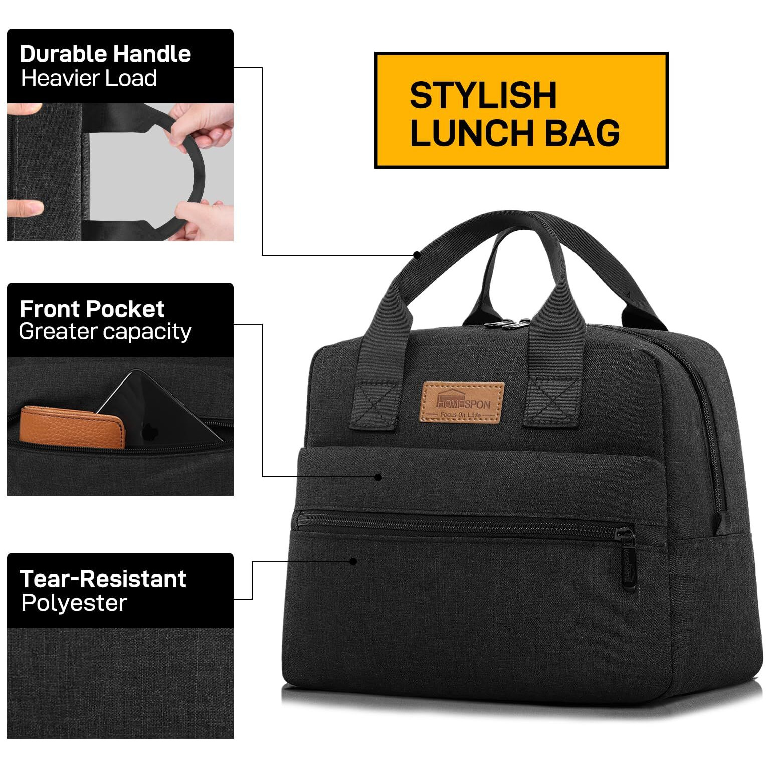 Homespon Insulated Lunch Bag For Women Men Lunch Box Cooler Lunch Tote For Work Picnic (Black)