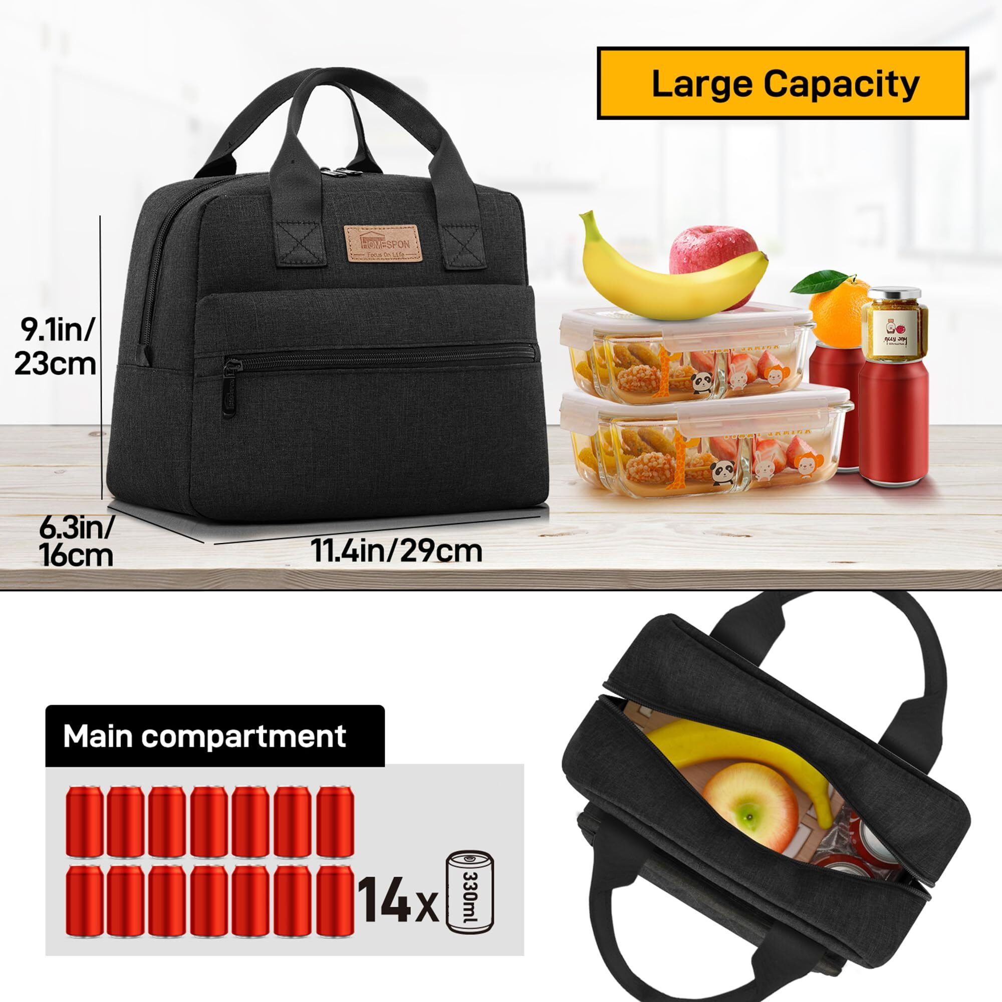 Homespon Insulated Lunch Bag For Women Men Lunch Box Cooler Lunch Tote For Work Picnic (Black)