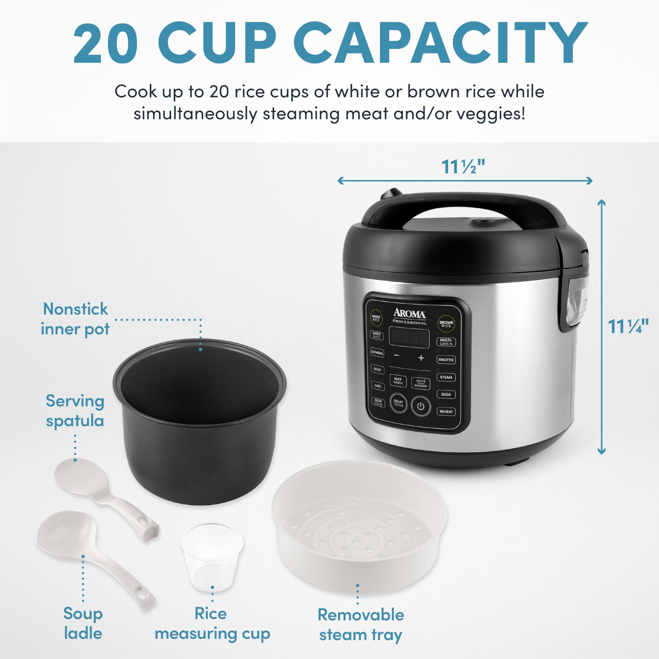 Aroma Housewares Arc-5000Sb Digital Rice, Food Steamer, Slow, Grain Cooker, Stainless Exterior/Nonstick Pot, 10-Cup Uncooked/20-Cup Cooked/4Qt, Silver, Black