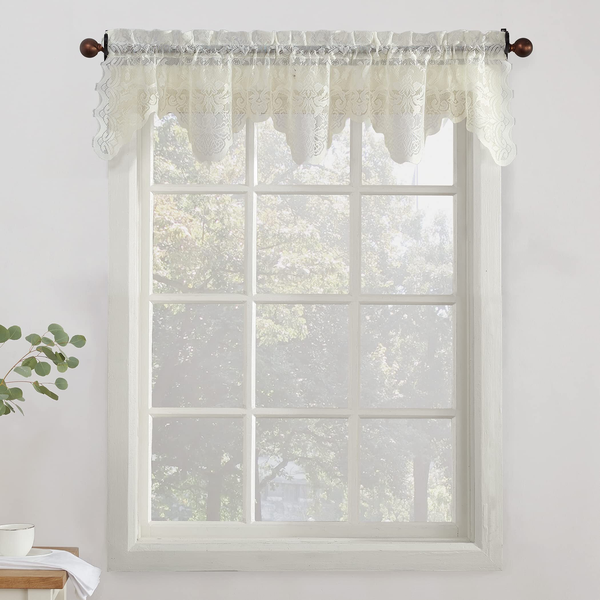 No. 918 Alison Floral Lace Sheer Rod Pocket Kitchen Curtain Valance, 58"" X 14"", Ivory