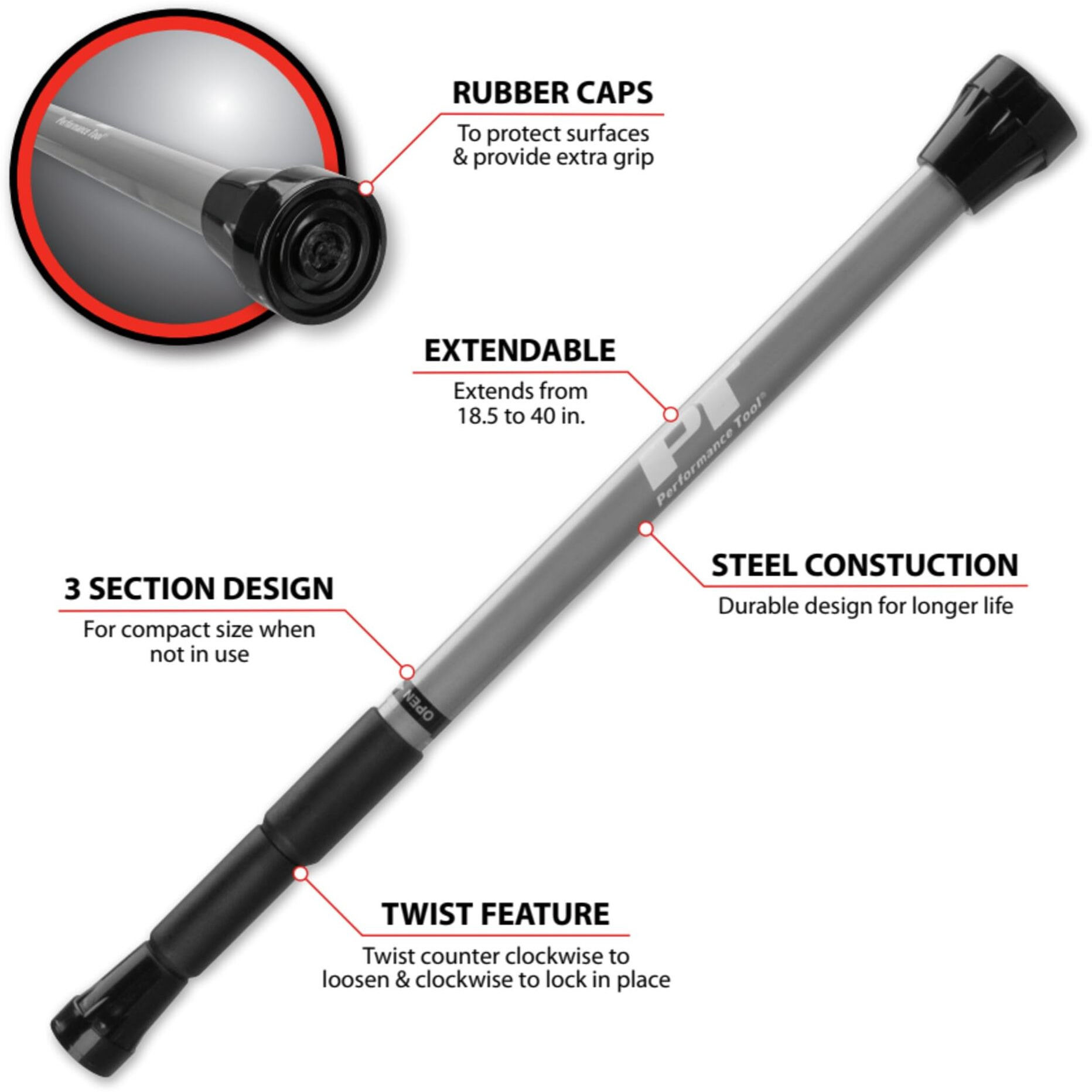 Performance Tool W1475 Telescoping Hood Prop Rod (18.5-Inch To 40-Inch)