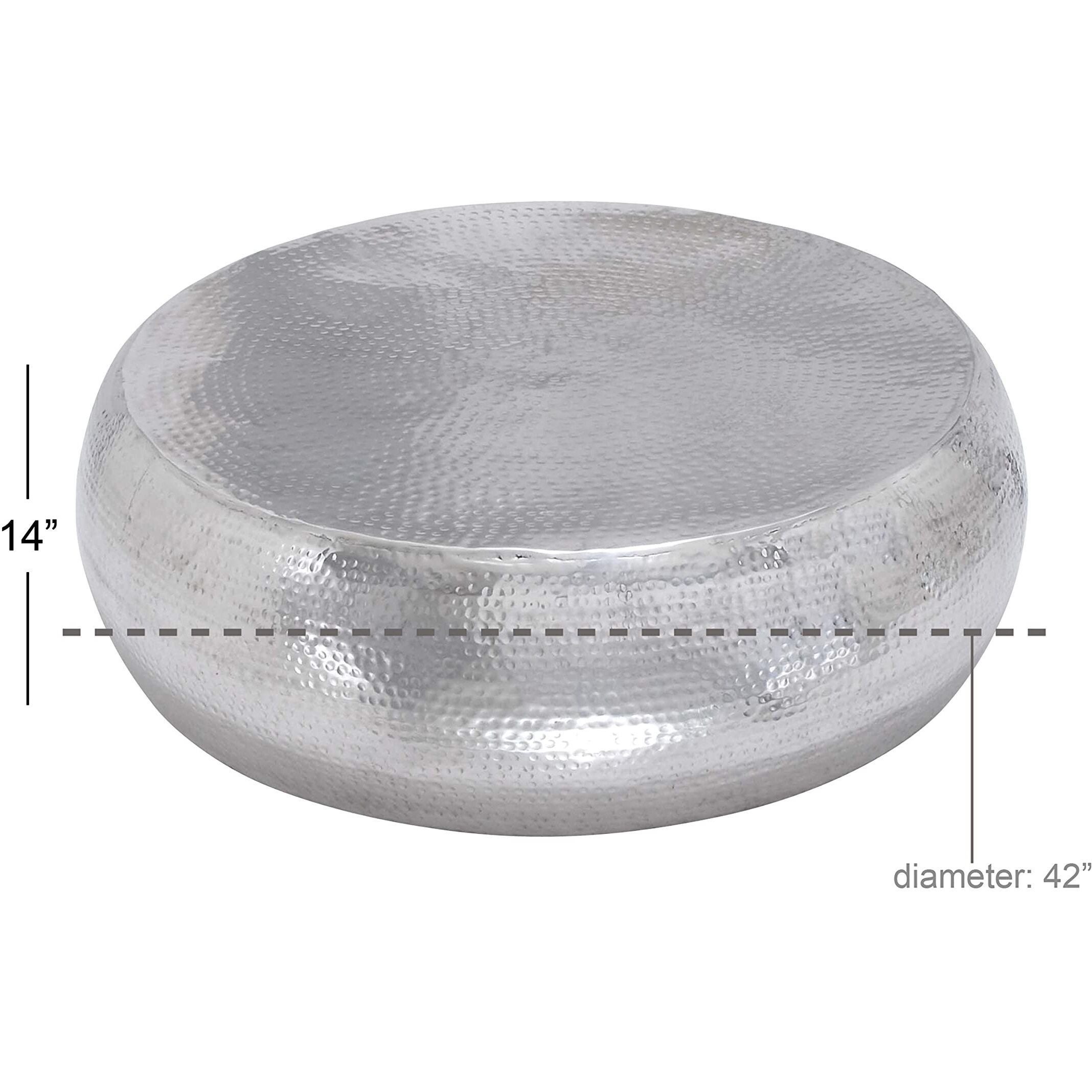 Deco 79 Aluminum Metal Living Room Coffee Table Drum Shaped Table With Hammered Design, Center Table 42"" X 42"" X 14"", Silver