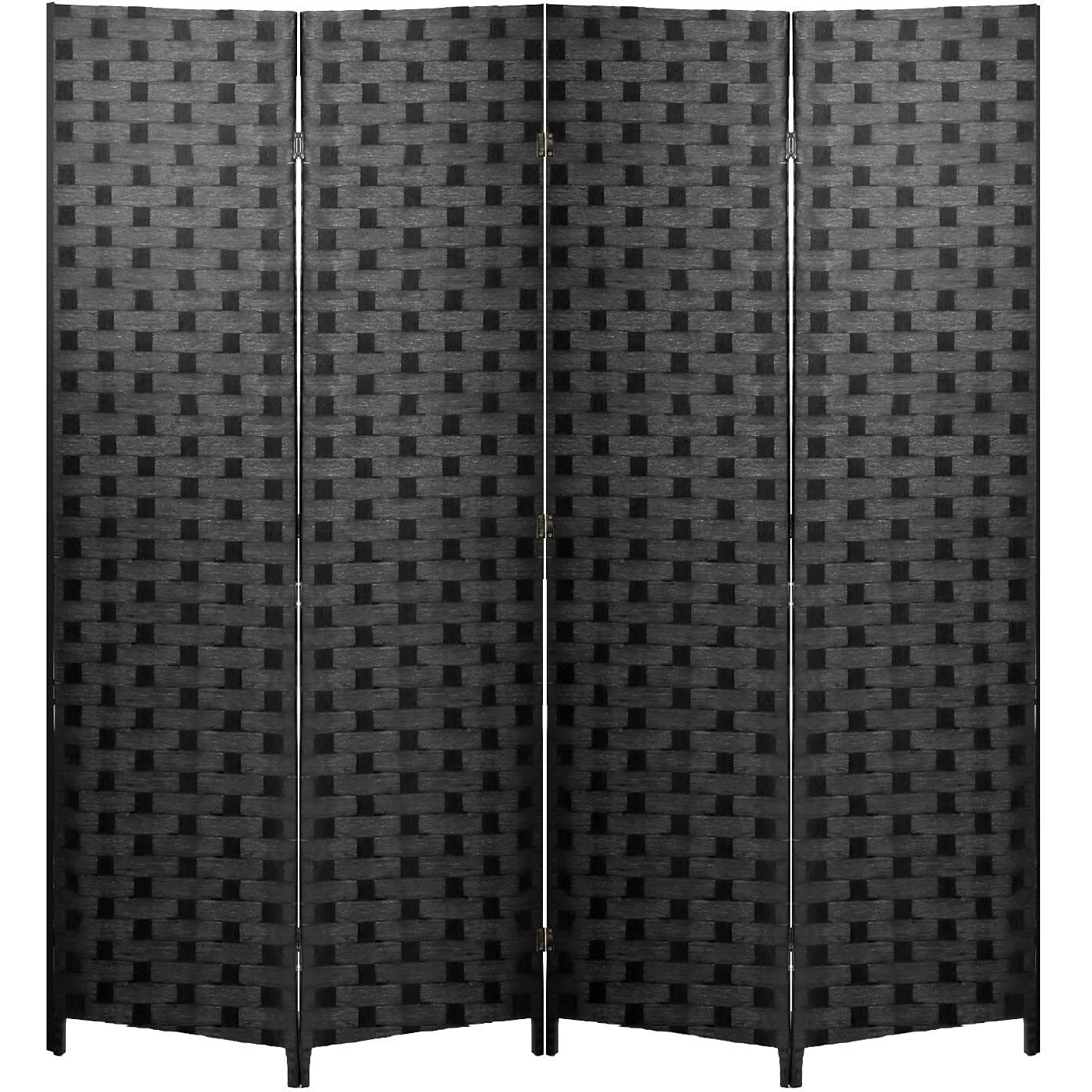 Room Divider 6Ft Wall Divider Wood Screen 4 Panels Wood Mesh Hand-Woven Design Room Screen Divider Indoor Folding Portable Partition Screen,Black