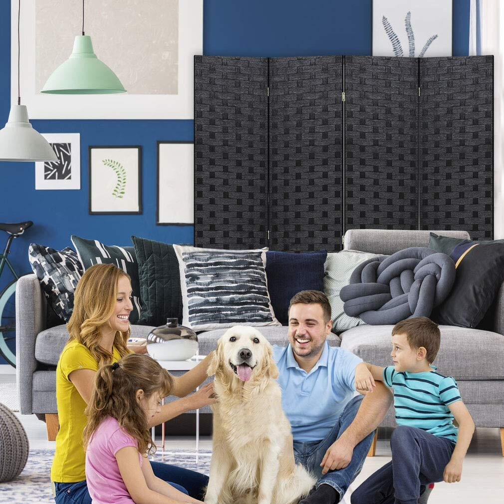 Room Divider 6Ft Wall Divider Wood Screen 4 Panels Wood Mesh Hand-Woven Design Room Screen Divider Indoor Folding Portable Partition Screen,Black