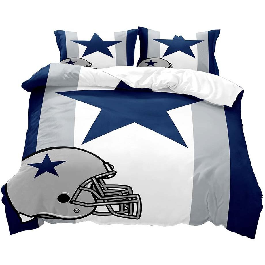 Vivihome 3Pcs American Football Bedding Set, Sports Duvet Cover Queen, Grey White Navy Blue Striped Comforter Cover, Modern Apartment Bedroom Decor For Men Husband Boyfriend Teen Boys, 2 Pillow Shams