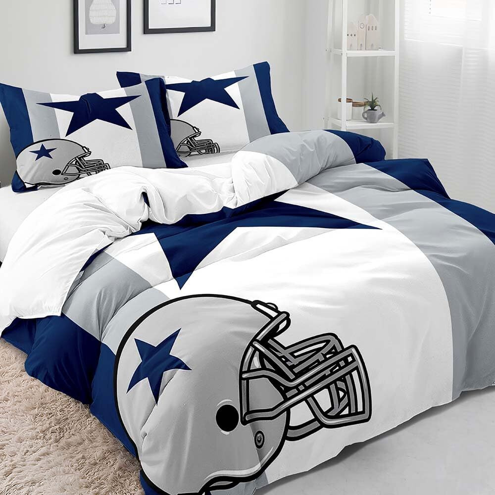 Vivihome 3Pcs American Football Bedding Set, Sports Duvet Cover Queen, Grey White Navy Blue Striped Comforter Cover, Modern Apartment Bedroom Decor For Men Husband Boyfriend Teen Boys, 2 Pillow Shams
