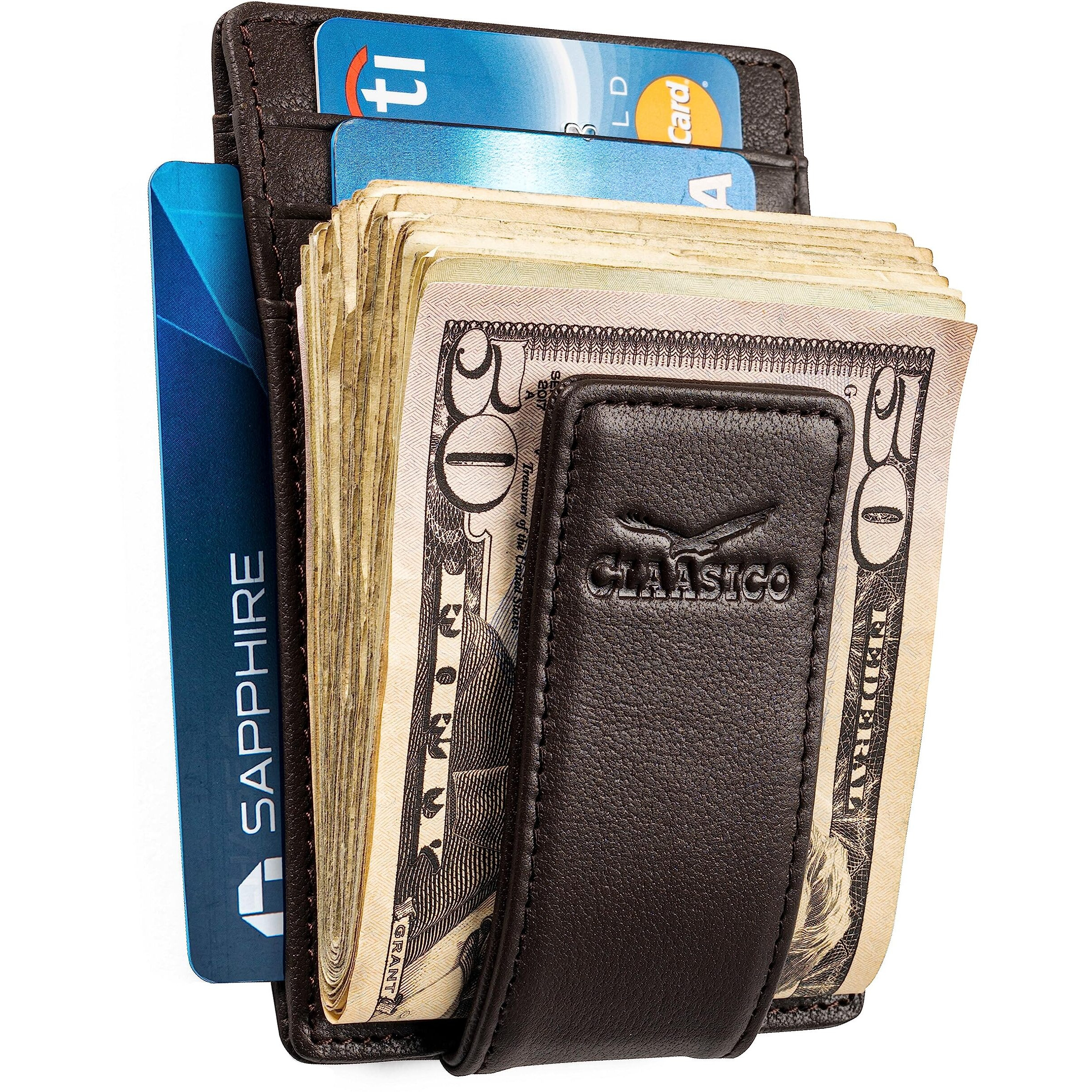 Money Clip Leather Wallet For Men Slim Front Pocket Rfid Blocking With Super Strong Magnetic
