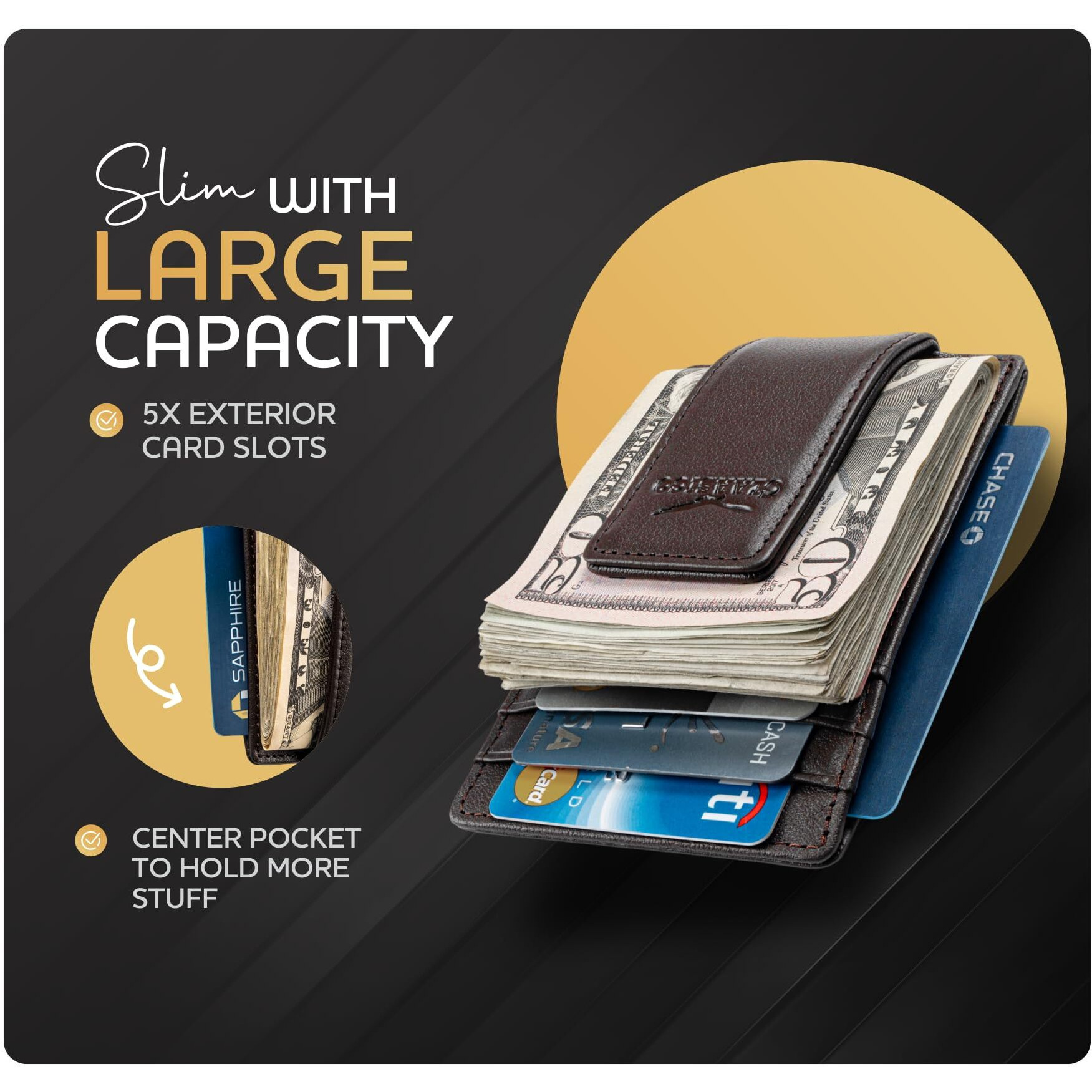 Money Clip Leather Wallet For Men Slim Front Pocket Rfid Blocking With Super Strong Magnetic