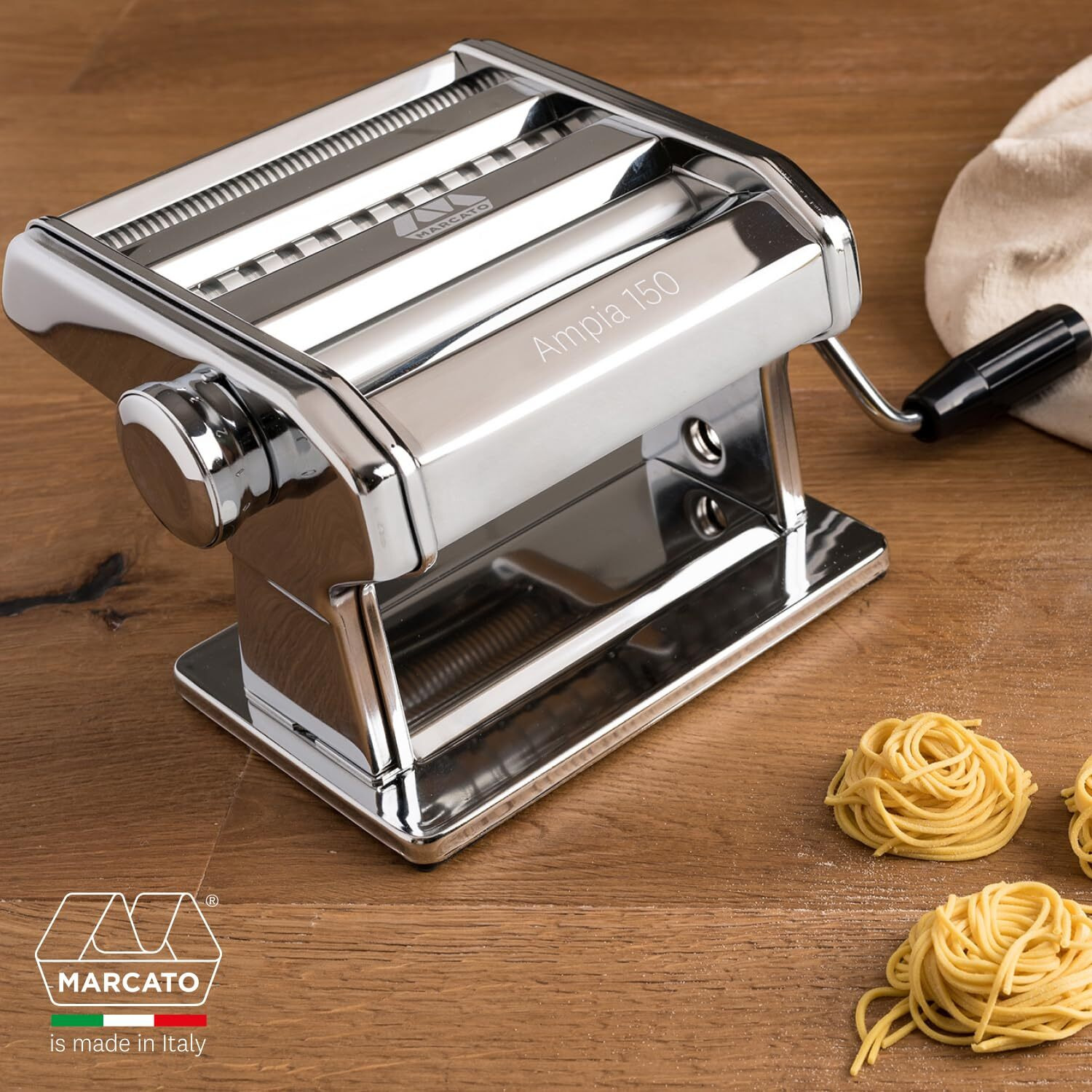 Marcato Made In Italy Ampia 150 Classic Manual Pasta Machine, Chrome Steel. Makes Lasagne, Fettuccine & Tagliolini