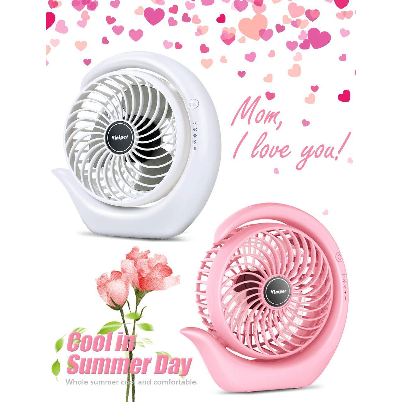 Viniper Portable Rechargeable Fan, Small Desk Fan  3 Speeds & About 8-24 Hours Longer Working, 180 Rotation, Portable Desktop Fan Small But Mighty, Strong Wind (White, Light Black Blade)6.2 Inch