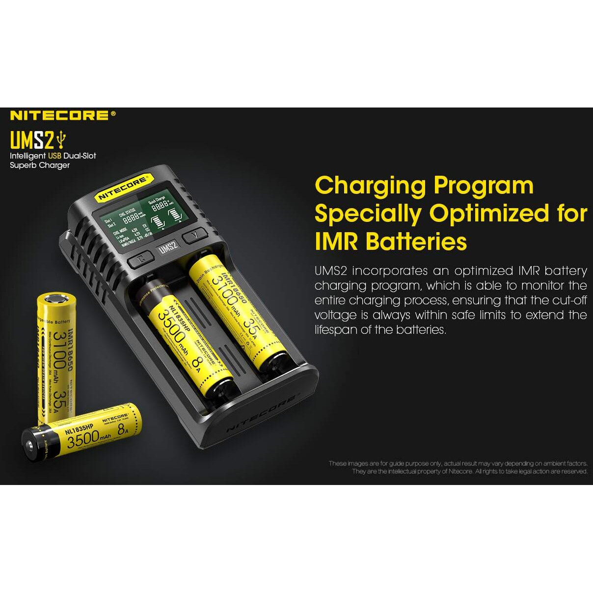 Nitecore Ums2 Usb Universal 2-Port Speedy Smart Battery Charger For Li-Ion/Ni-Mh/Ni-Cd/Imr 26650 22650 21700 20700 18650 18490 18350 17670 17500 17335 16340 Rcr123 14500 10440 Aa Aaa Aaaa C D Batterie