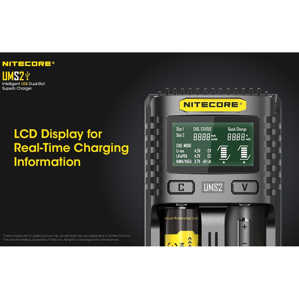 Nitecore Ums2 Usb Universal 2-Port Speedy Smart Battery Charger For Li-Ion/Ni-Mh/Ni-Cd/Imr 26650 22650 21700 20700 18650 18490 18350 17670 17500 17335 16340 Rcr123 14500 10440 Aa Aaa Aaaa C D Batterie