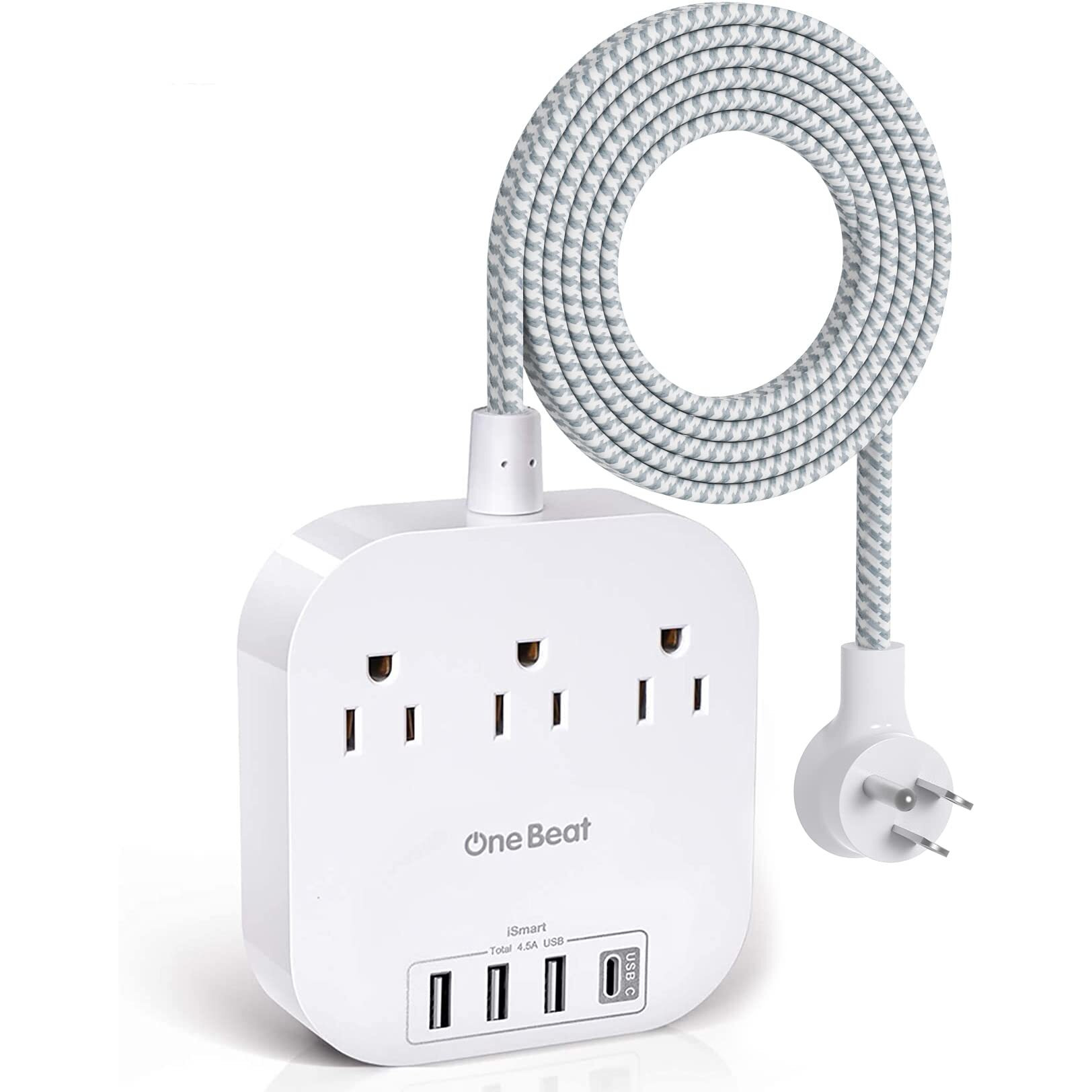 Power Strip With Usb C, 3 Outlets 4 Usb Ports (22.5W/4.5A) Desktop Charging Station, Flat Plug, 5Ft Braided Extension Cord, Non Surge Protector For Travel, Cruise Ship, Etl Listed