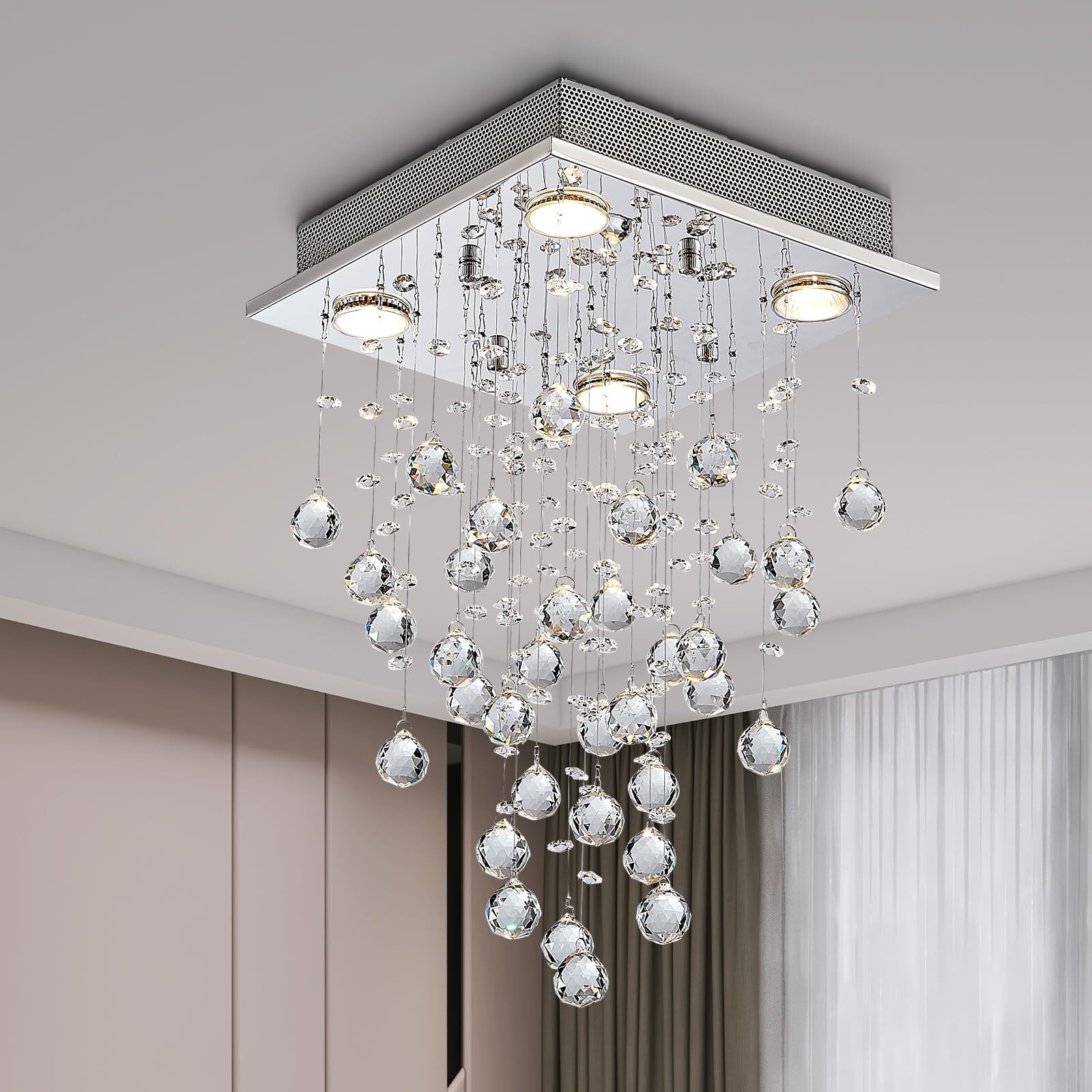 Bestier Chrome Modern Crystal Square Raindrop Chandelier Lighting Flush Mount Led Ceiling Light Fixture Pendant Lamp For Dining Room Bathroom Bedroom Livingroom 4 Gu10 Bulbs Required 12"" Wide 20"" High