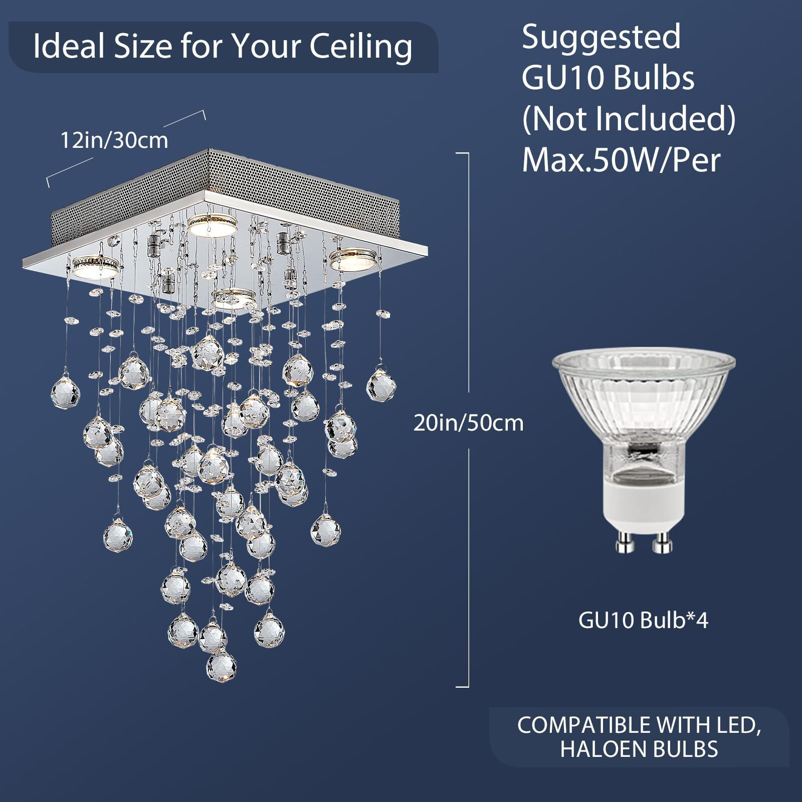 Bestier Chrome Modern Crystal Square Raindrop Chandelier Lighting Flush Mount Led Ceiling Light Fixture Pendant Lamp For Dining Room Bathroom Bedroom Livingroom 4 Gu10 Bulbs Required 12"" Wide 20"" High