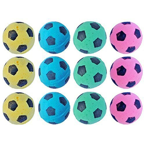 Petfavorites Cat Toy, Foam Sponge Soccer Ball (12 Pack), Interactive Pet Kitten Cat Exercise Toy Balls, Soft, Bouncy, Noise Free, Indoor, Pink, Yellow, Blue, Green
