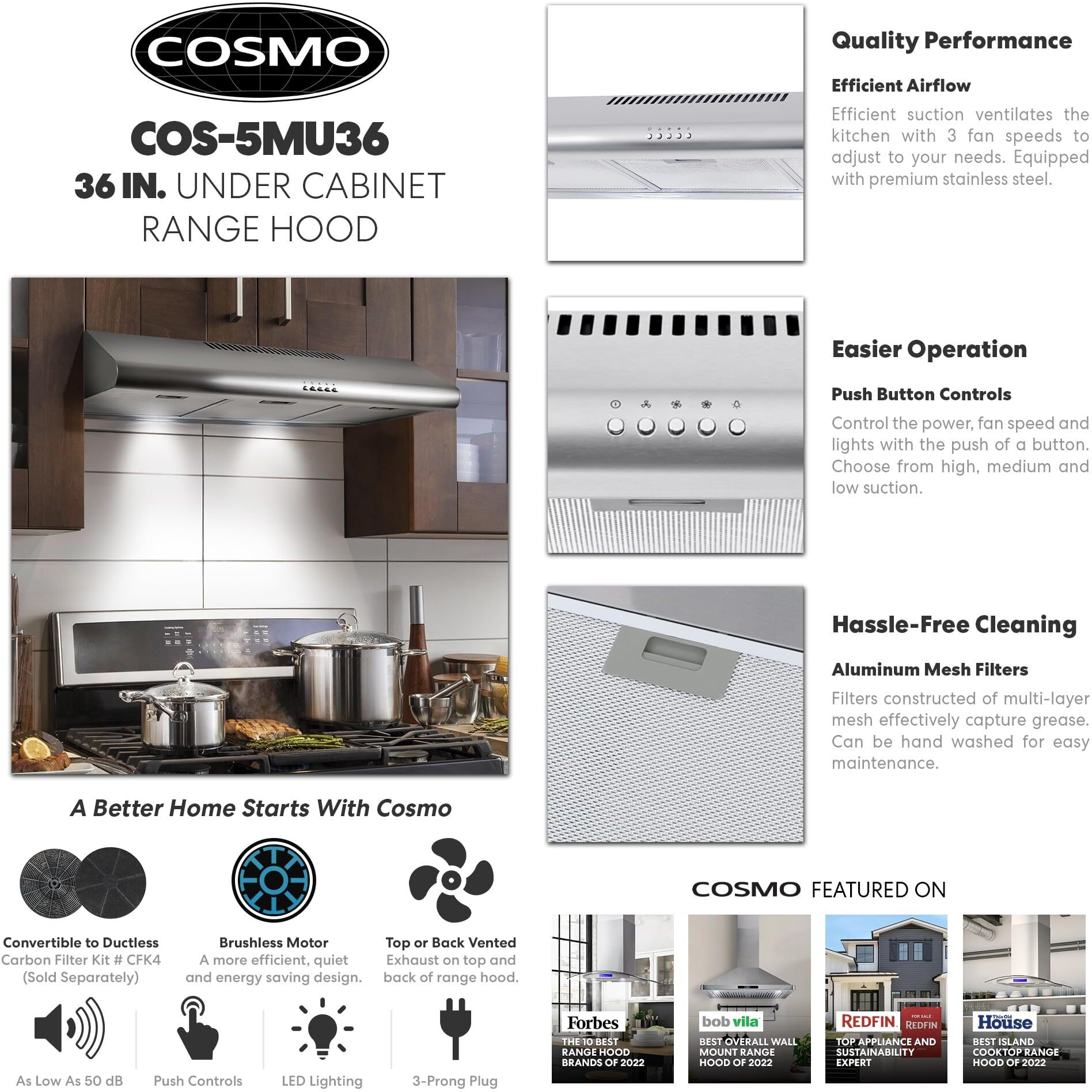 Cosmo Cos-5Mu36 Under Cabinet Range Hood Ductless Convertible Duct, Slim Kitchen Stove Vent With, 3 Speed Exhaust Fan, Reusable Filter And Led Lights In Stainless Steel (36 Inch)
