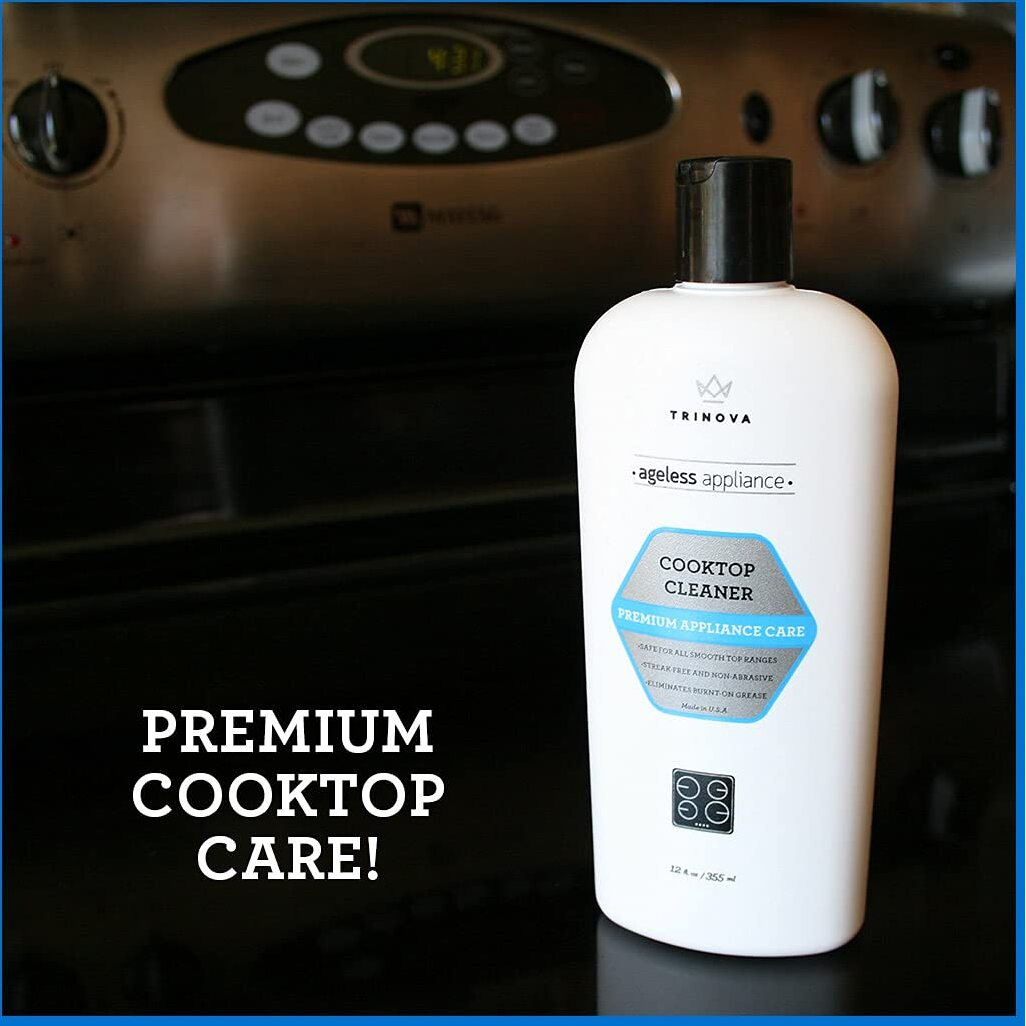 Trinova Premium Cooktop Cleaner And Scrubbing Pads. Best Cleaning Kit For Smooth Top Ranges & Stoves Of Glass, Ceramic. Non-Abrasive And Scratch Free Scouring Sponges With Cream Formula 12Oz.