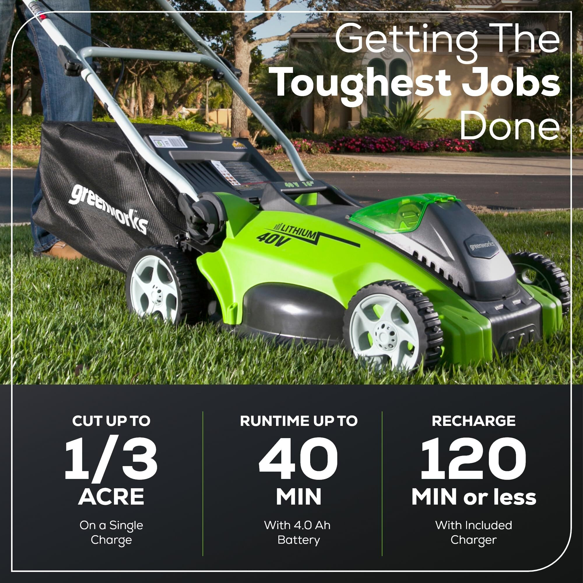 Greenworks 40V 16"" Cordless (Push) Lawn Mower (75+ Compatible Tools), 4.0Ah Battery And Charger Included
