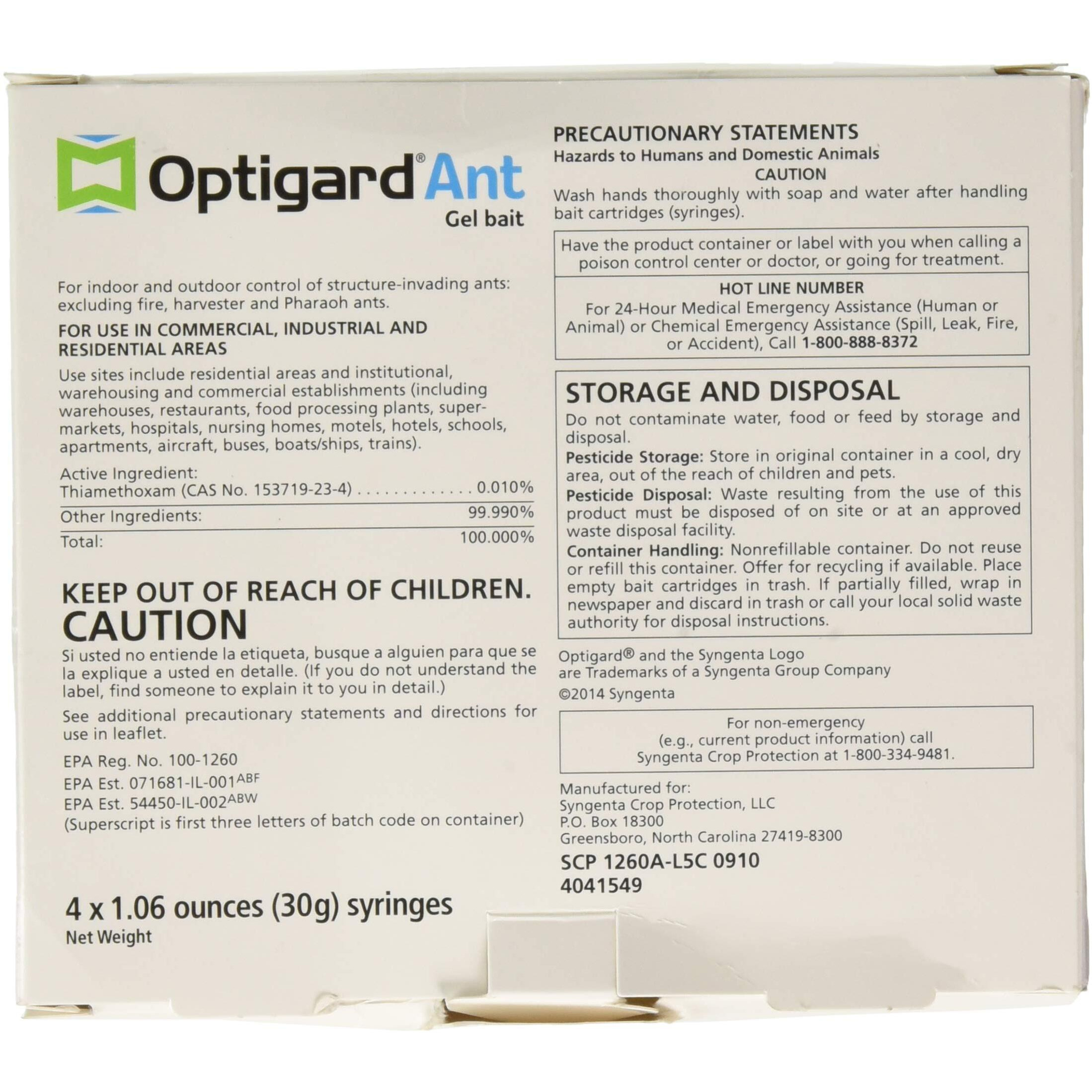 Syngenta - Trtd11568 - Optigard Ant Bait Gel Box - 4 Tubes W/ Plunger - 30G Each Tube, White