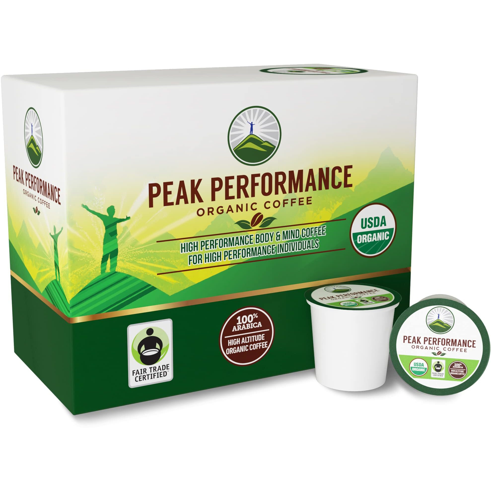 Peak Performance Organic Coffee Pods - High Altitude Organic Coffee. For High Performance Individuals. Fair Trade, Low Acid, Organic Beans Medium Roast. Single Serve 24 Coffee Pods, Cups
