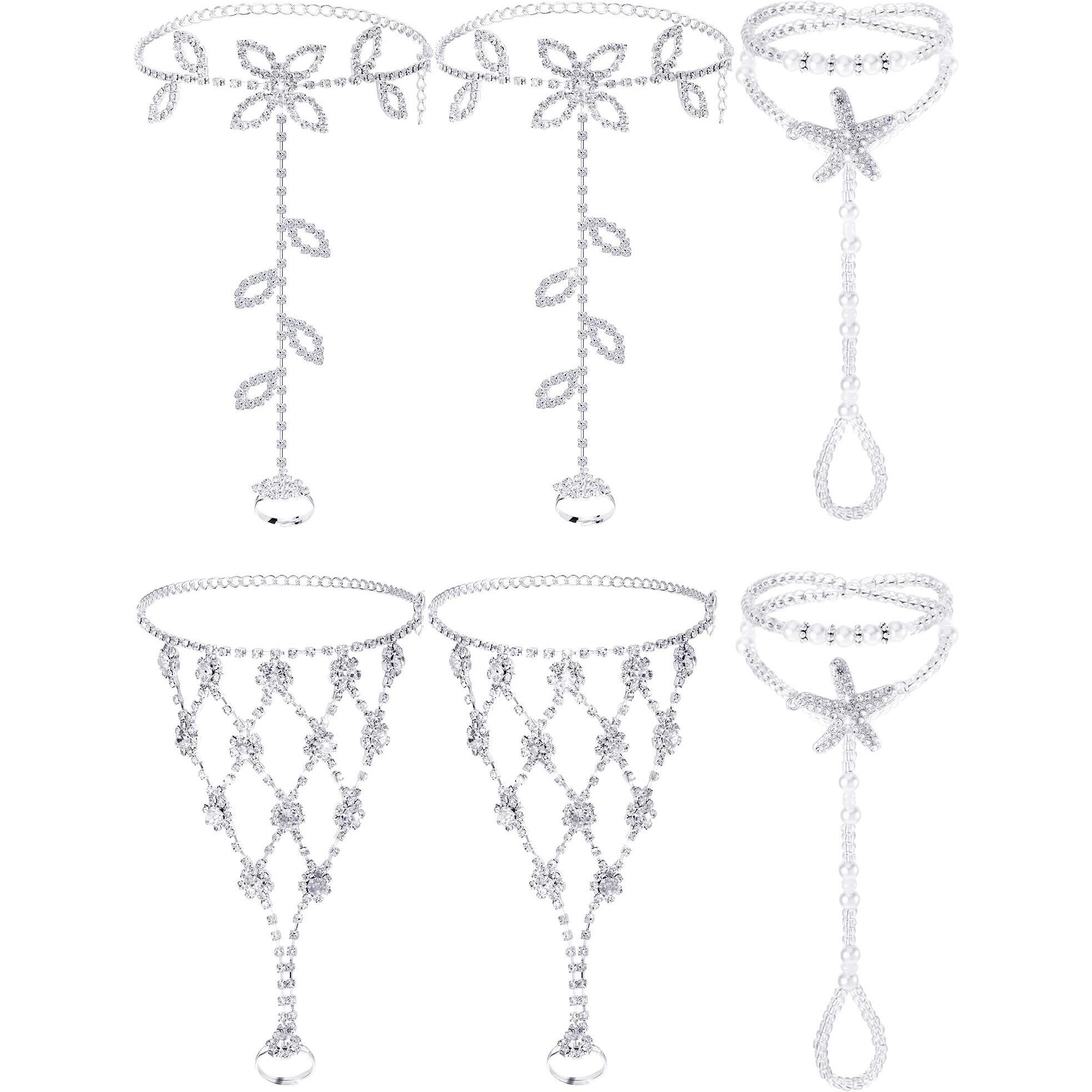 Hicarer 6 Pieces Foot Jewelry Barefoot Sandals For Women Rhinestone Anklets Bohemian Foot Chain For Beach Wedding Valentine's Day