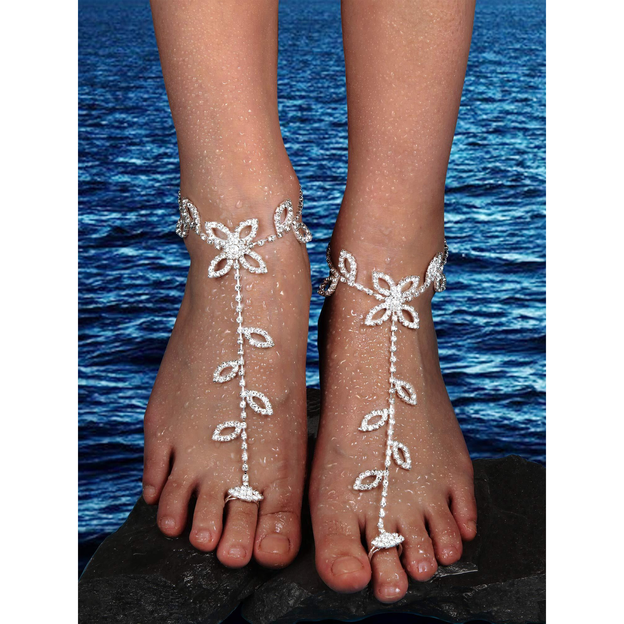 Hicarer 6 Pieces Foot Jewelry Barefoot Sandals For Women Rhinestone Anklets Bohemian Foot Chain For Beach Wedding Valentine's Day