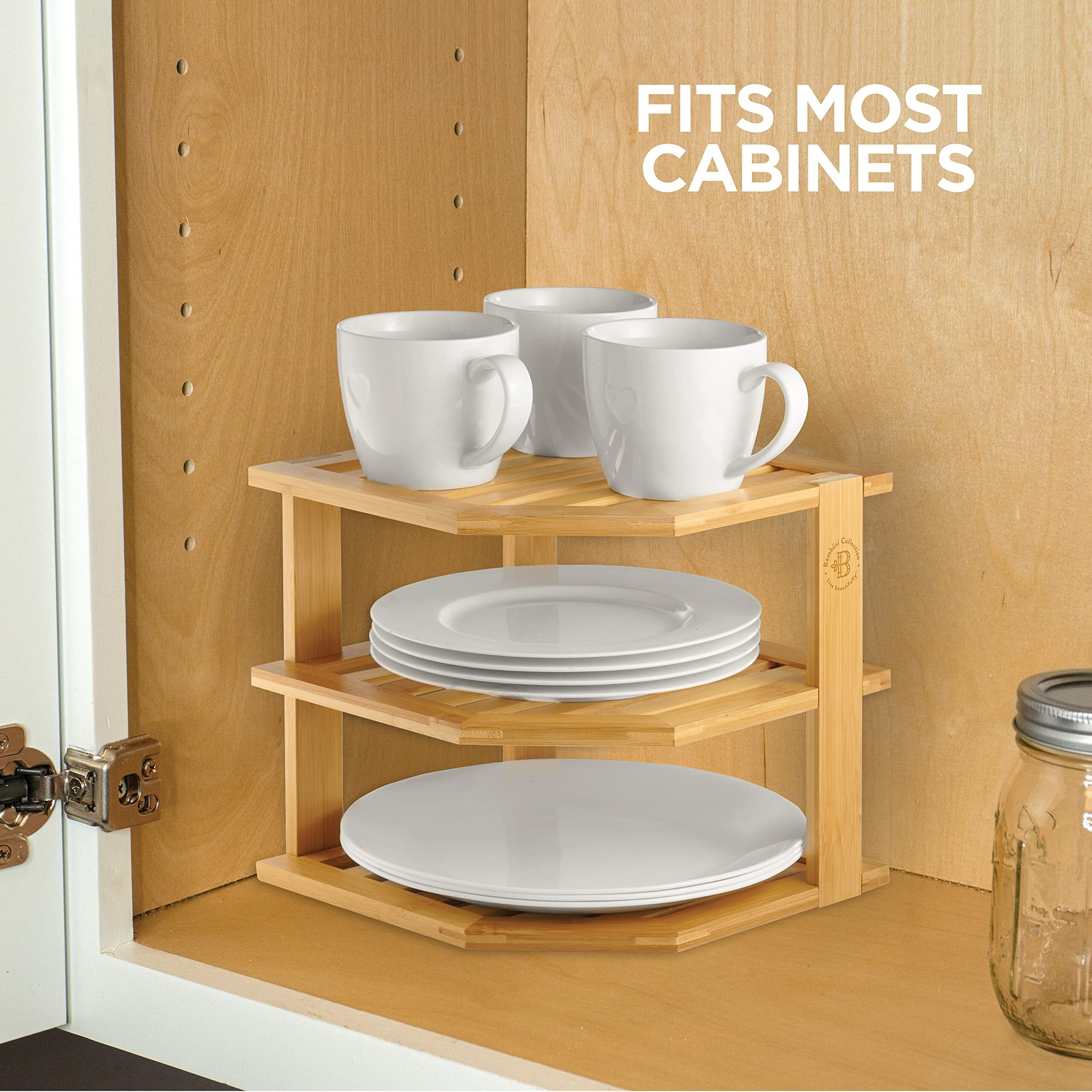Bambsi Plate Organizer For Cabinet - Bamboo Kitchen And Bathroom Organization - Ideal For Cabinet Space Saving, Corner Cabinet Organizer, Countertop, And Corner Shelf Kitchen Organizer
