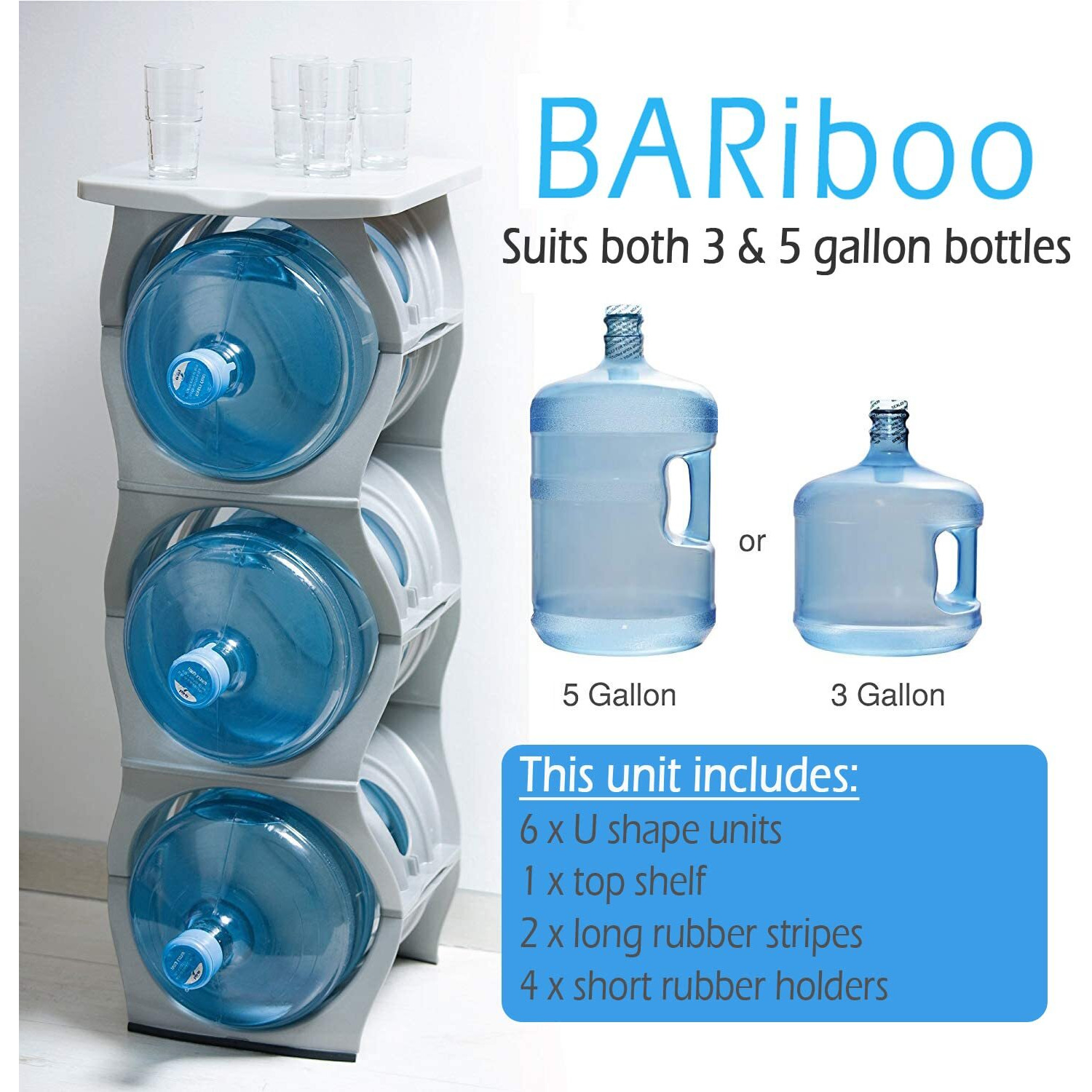 Stackable Water Bottle Storage Rack Best Water Jugs 5 Gallon Organizer. Jug Holder For Kitchen, Cabinet And Office Organizing. Reinforced Polypropylene. 3 Plus Shelf, Silver