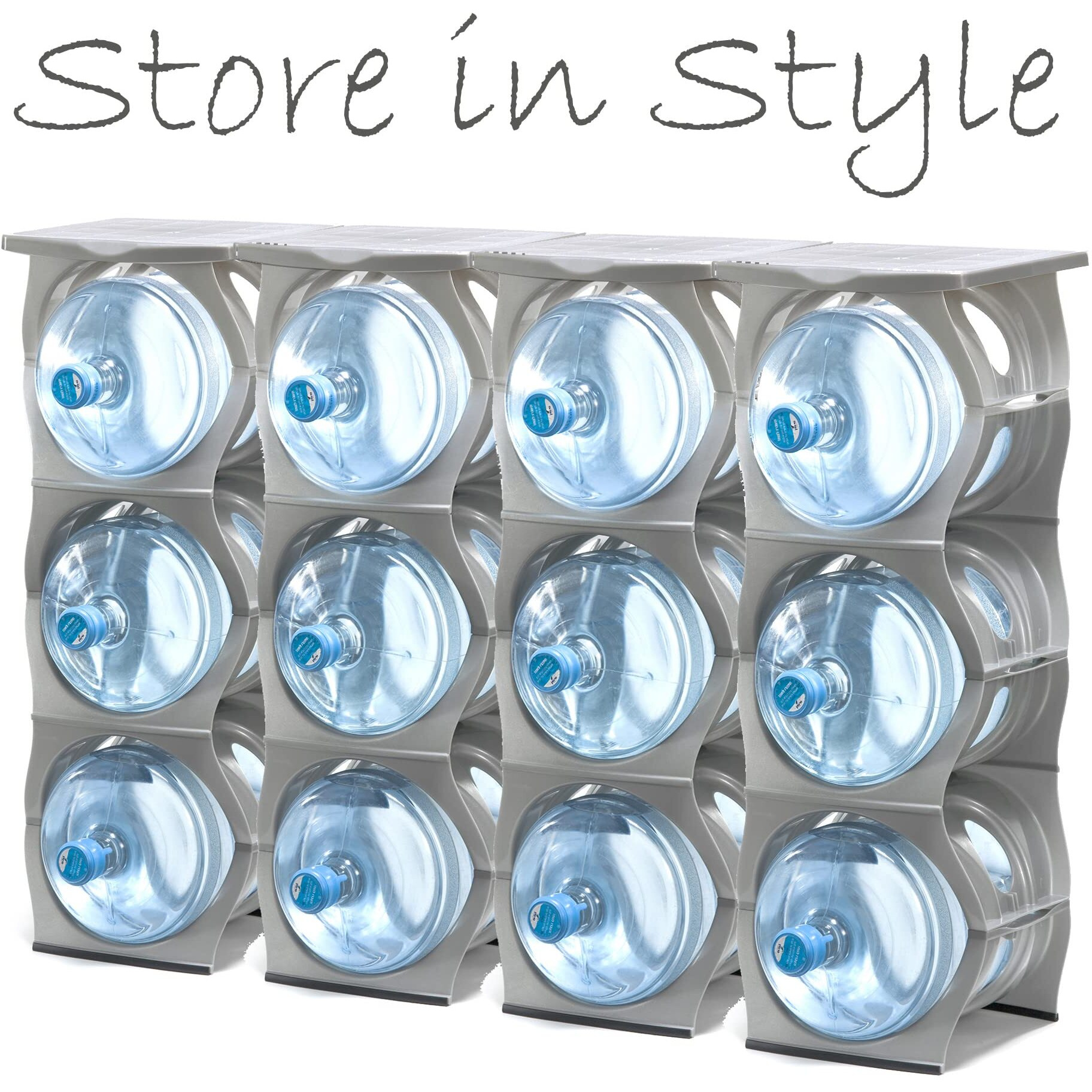 Stackable Water Bottle Storage Rack Best Water Jugs 5 Gallon Organizer. Jug Holder For Kitchen, Cabinet And Office Organizing. Reinforced Polypropylene. 3 Plus Shelf, Silver