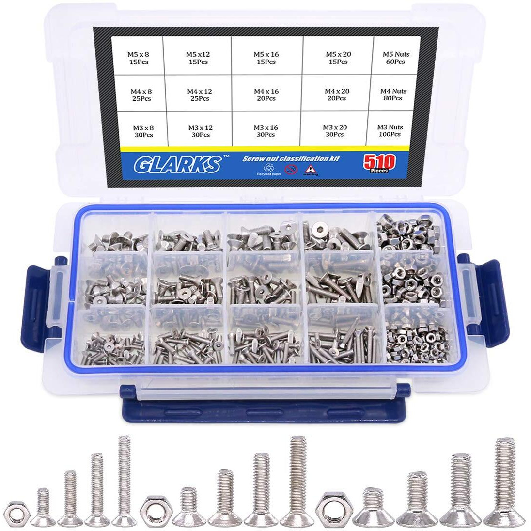 Glarks 510Pcs Metric M3 M4 M5 304 Stainless Steel Flat Head Countersunk Socket Cap Bolts Screws Nuts Assortment Kit, Allen Hex Drive