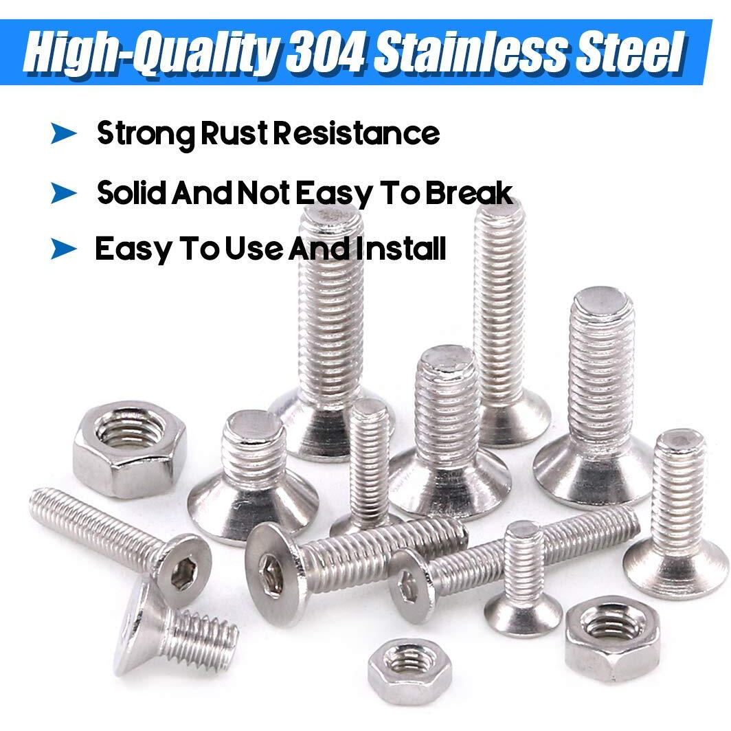 Glarks 510Pcs Metric M3 M4 M5 304 Stainless Steel Flat Head Countersunk Socket Cap Bolts Screws Nuts Assortment Kit, Allen Hex Drive