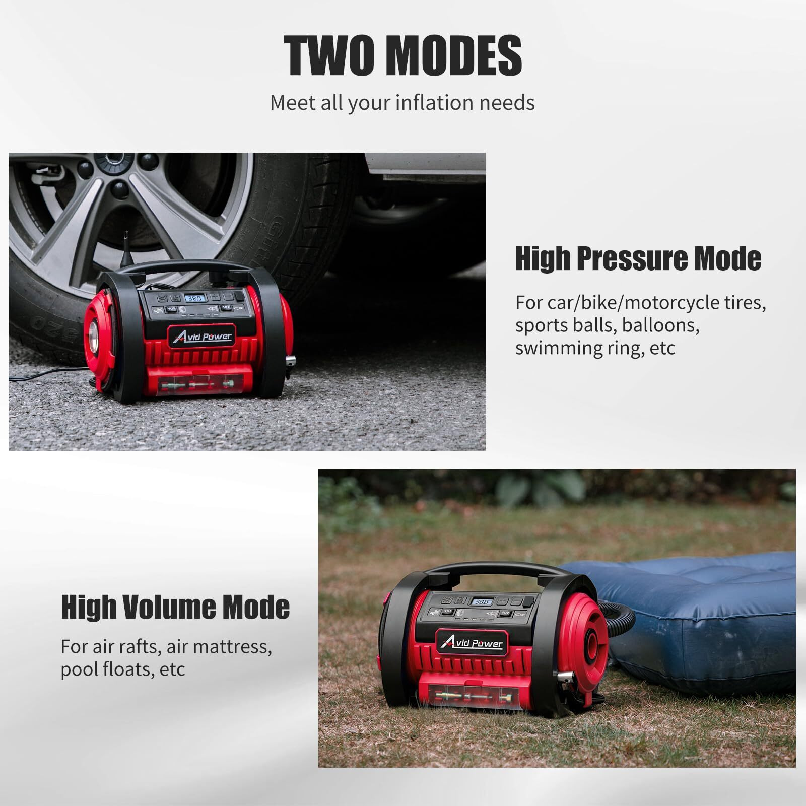 Avid Power Tire Inflator Portable Air Compressor, 12V Dc / 120V Ac Car Tire Pump, Air Mattress Pump With Inflation And Deflation Modes, Dual Powerful Motors, Digital Pressure Gauge