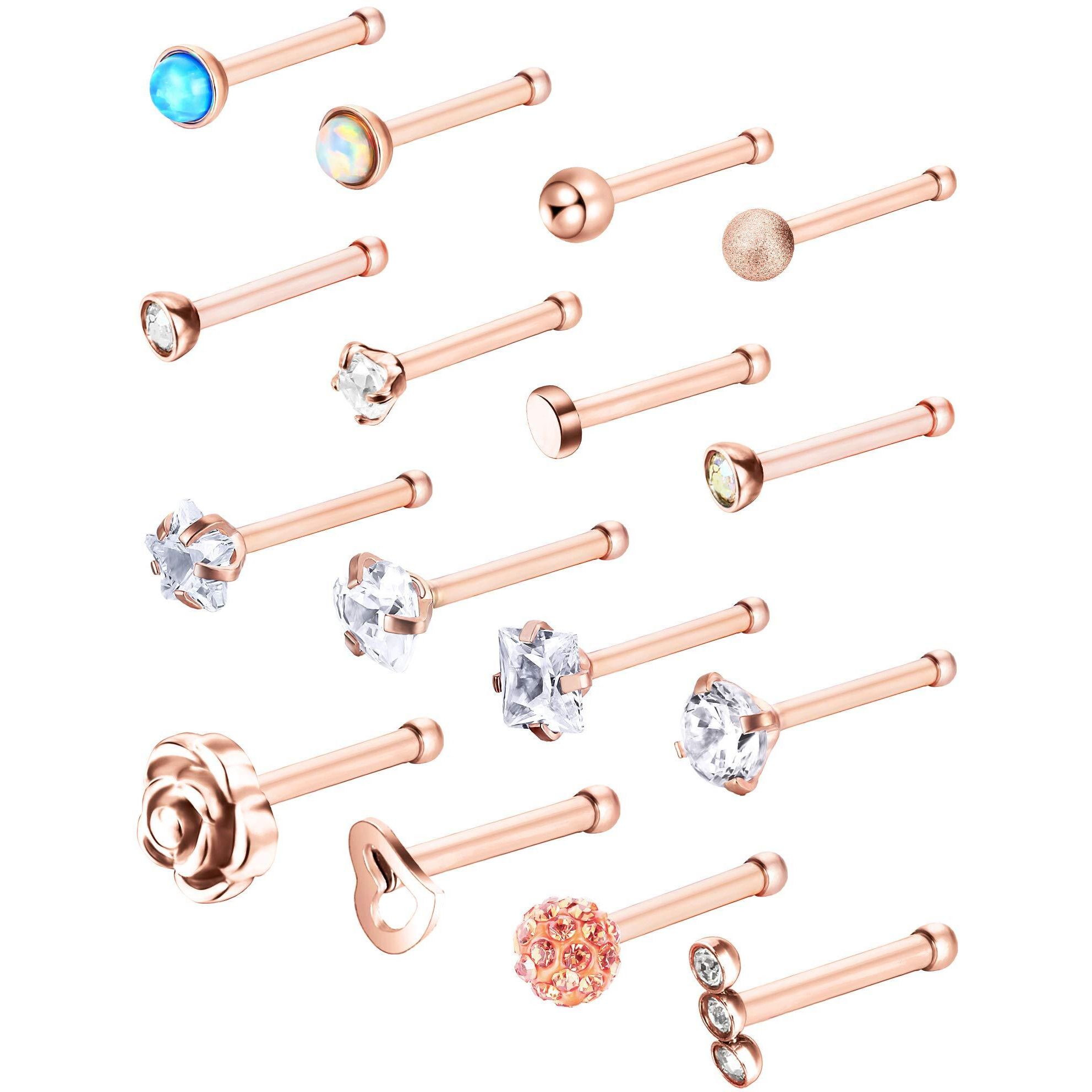 Jovitec 16 Pieces Nose Stud For Women 20 G Nose Ring Set Bone Nose Studs Surgical Stainless Steel Cartilage Tragus Piercing Rose Gold Ball Sapphire Labret Jewelry
