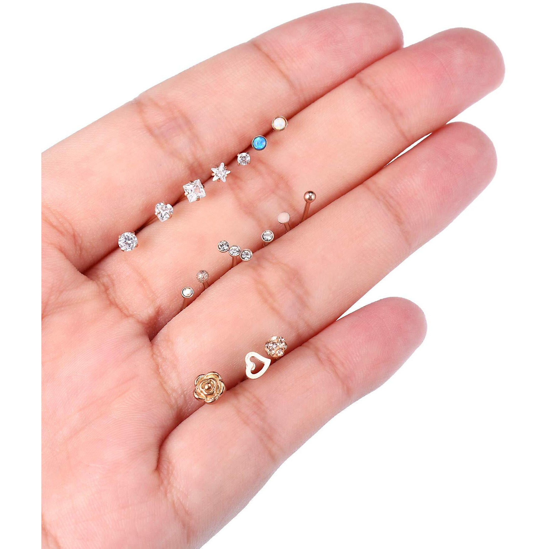 Jovitec 16 Pieces Nose Stud For Women 20 G Nose Ring Set Bone Nose Studs Surgical Stainless Steel Cartilage Tragus Piercing Rose Gold Ball Sapphire Labret Jewelry