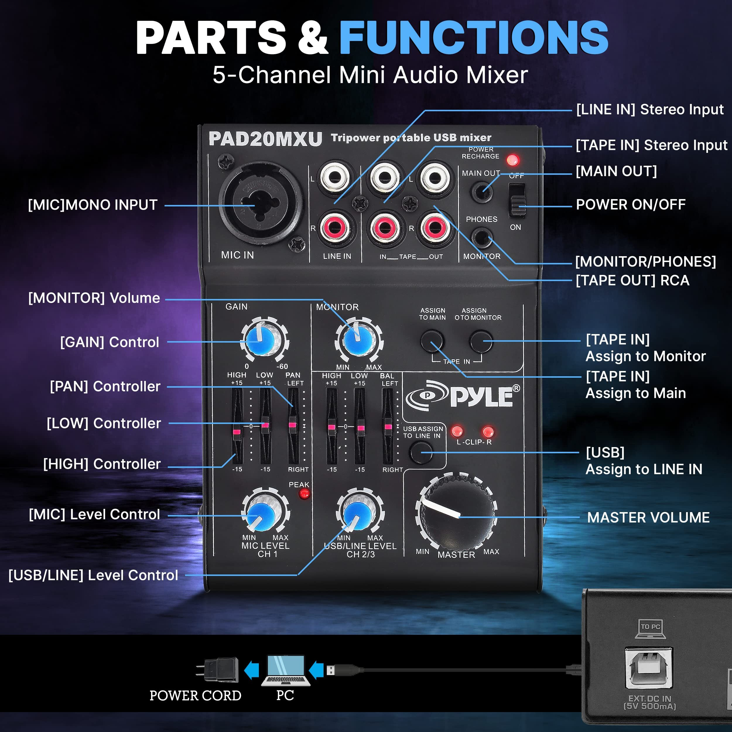 Pyle 5 Channel Audio Mixer - Dj Sound Controller Interface With Usb Soundcard For Pc Recording, Xlr 3.5Mm Microphone Jack, 18V Power, Rca Input And Output For Professional And Beginners -Pad20Mxu