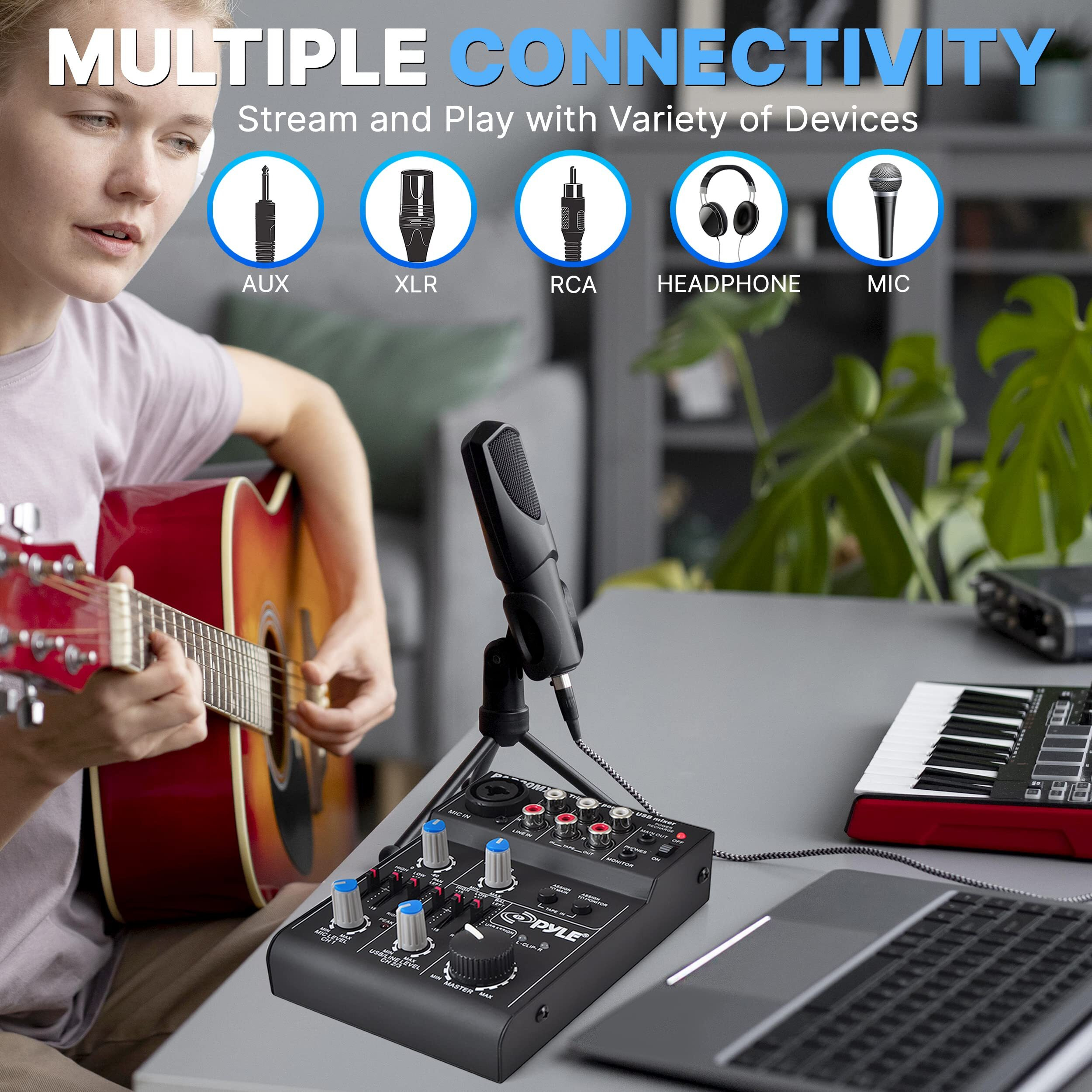 Pyle 5 Channel Audio Mixer - Dj Sound Controller Interface With Usb Soundcard For Pc Recording, Xlr 3.5Mm Microphone Jack, 18V Power, Rca Input And Output For Professional And Beginners -Pad20Mxu
